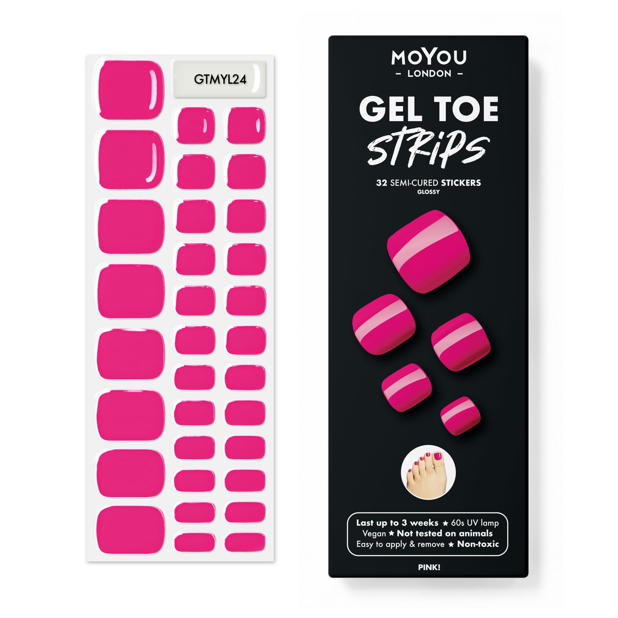 MOYOU LONDON Semi Cured Gel Nail Strips, 32 Pc. Gel Wraps for Nails, Easy Apply & Remove for Salon-Quality Pedicure - Pink!