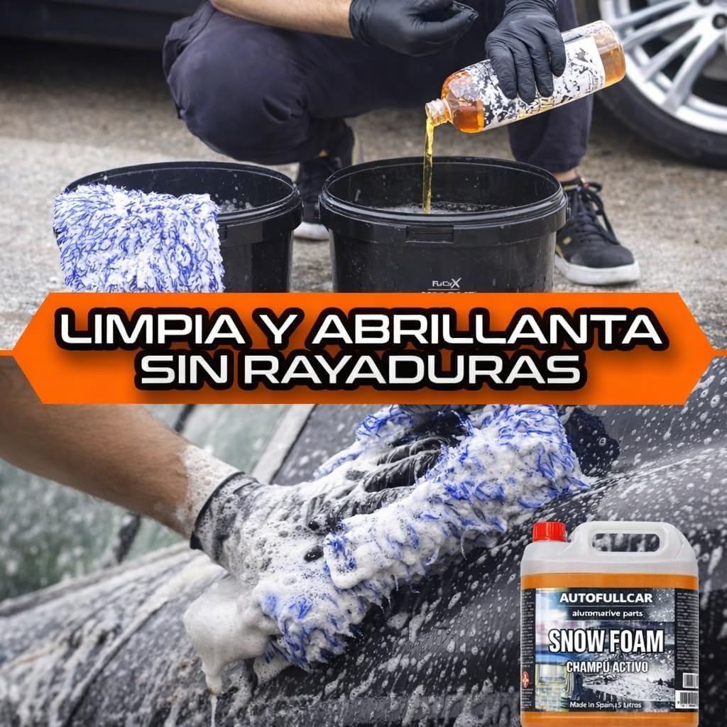 AutoFullCar Snow Foam 5 Litros, Champu Activo Coche PH Neutro, Lavado Carroceria, Alto Poder Espumante, Incluye Foamer Manual, Limpieza y Brillo Duradero