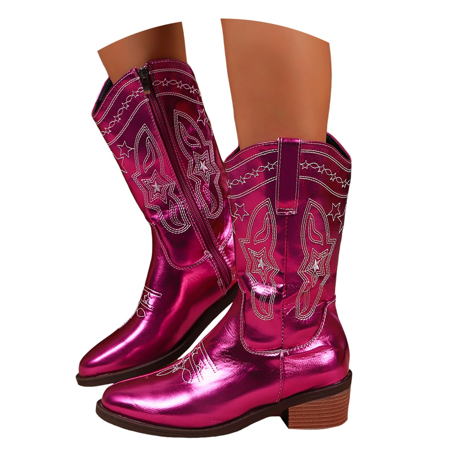 Vintage Embroidered Cowboy Boots for Women Genuine Leather with Side Zipper Chunky Heel Pointed Toe Mid Calf Western