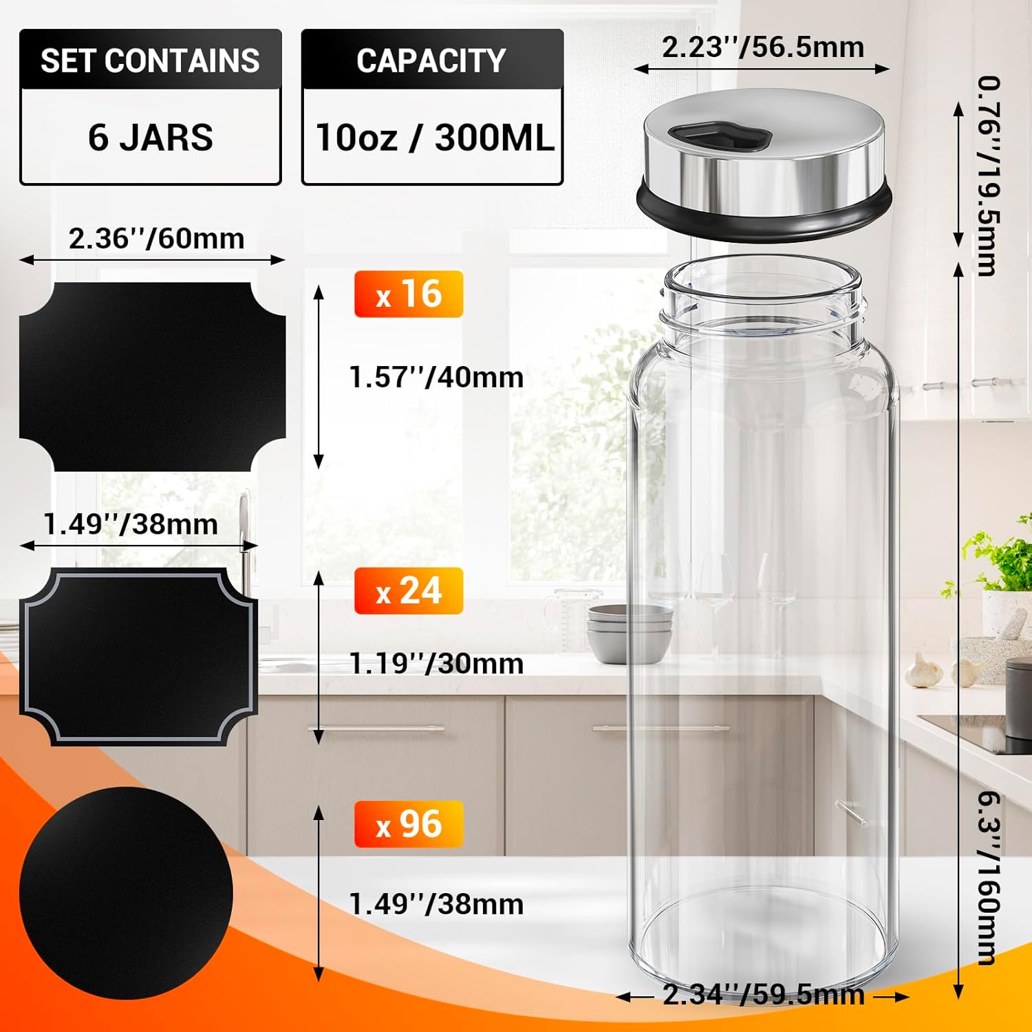Segarty Glass Spice Jars with Label, 6 Pack 10 oz Clear Empty Spice Jar with Shaker Lids, Salt Pepper Shakers with Ajustable Holes, Seasoning Bottles Set with 136 Stickers, 1 Chalk Pen and 1 Brush