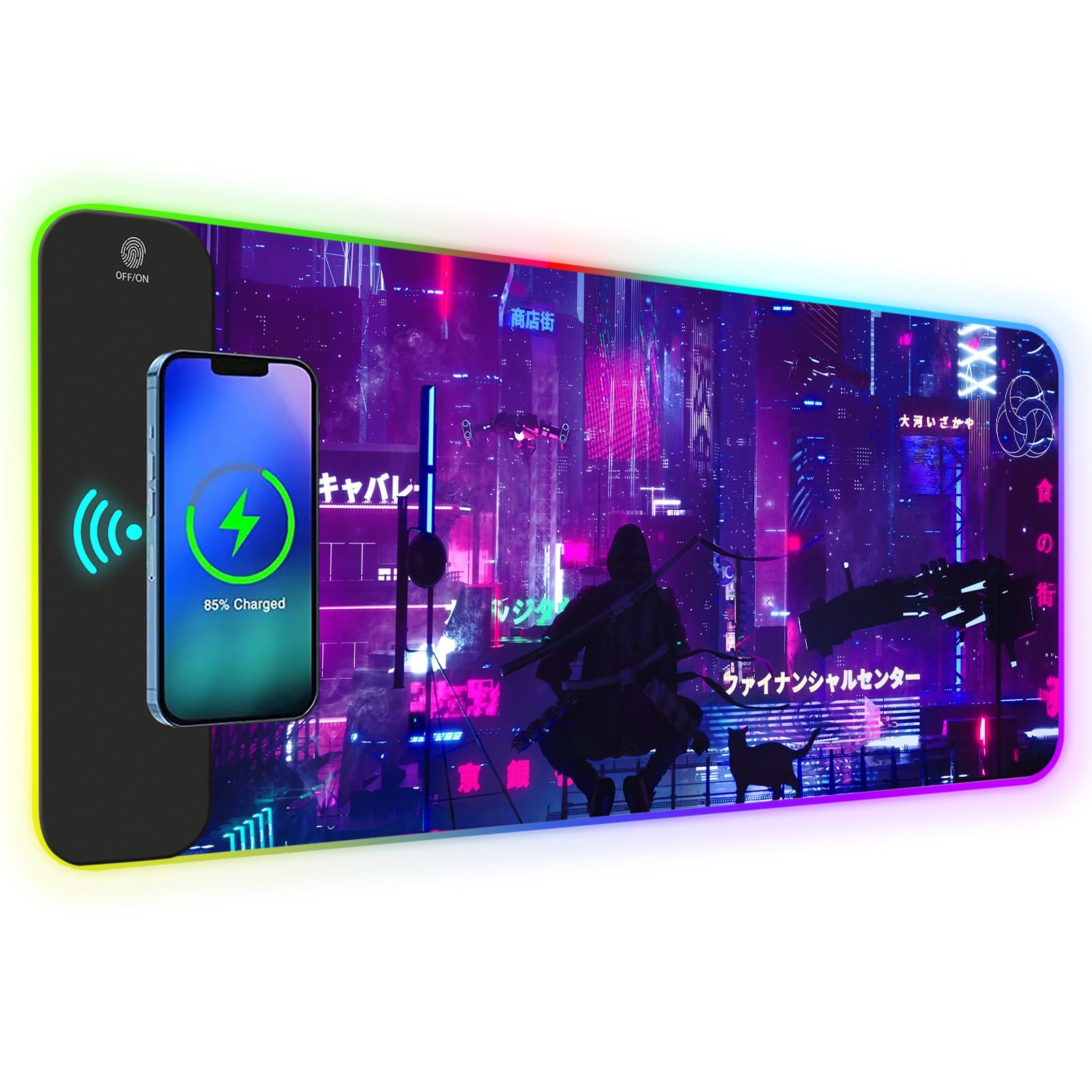 Tappetino per mouse RGB con ricarica wireless da 15 W, viola Anime Neon Extended Large LED Gaming Mouse Pad Base in gomma antiscivolo, 10 modalità di illuminazione, tappetino da scrivania per