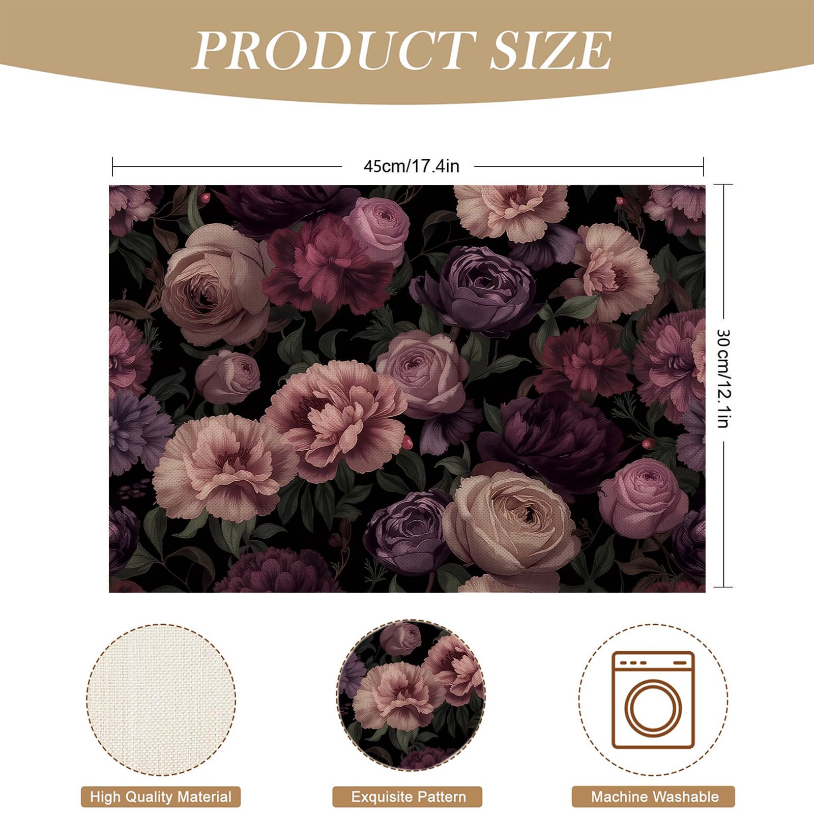 Tovaglietta Americana Fiori Eleganti in Cotone Lino Rettangolare - Tovagliette Set di 8 Peonia Rosa Rosa Resistente al Calore per La Cucina, Il L'Ufficio, 30 x 45cm