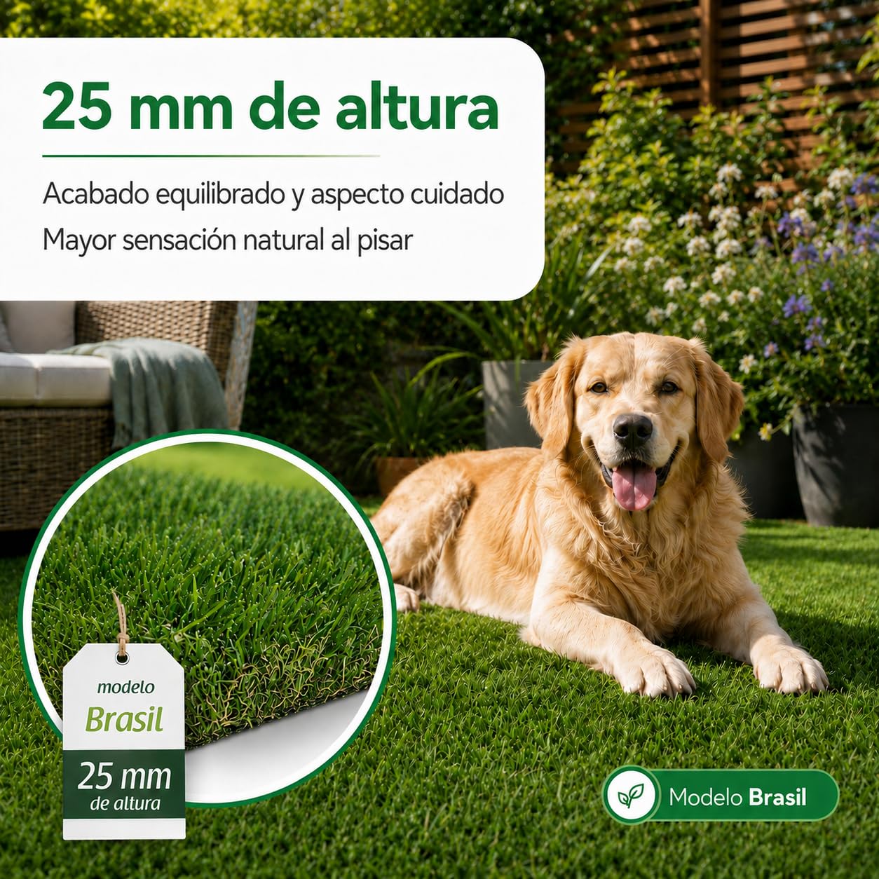 Césped Artificial Premium 25mm, Rollo de 2x10 Metros, Modelo Brasil, 13.650 Puntadas, 5.900Dtex. Máximo Realismo, Alta Densidad, Ideal para Exteriores, Piscinas, Terrazas y Jardín