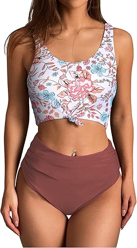 Miniatura 2 de ZAFUL - Conjunto de tankini con cuello redondo para mujer, diseño anudado y de cintura alta, traje de baño de dos piezas