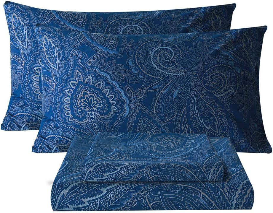 Full Sheet Set Ultra Soft, Breathable, Silky Flower Deep Pocket 100% Microfiber Bedding, 4 Piece Full Size Paisley Dark Navy Blue