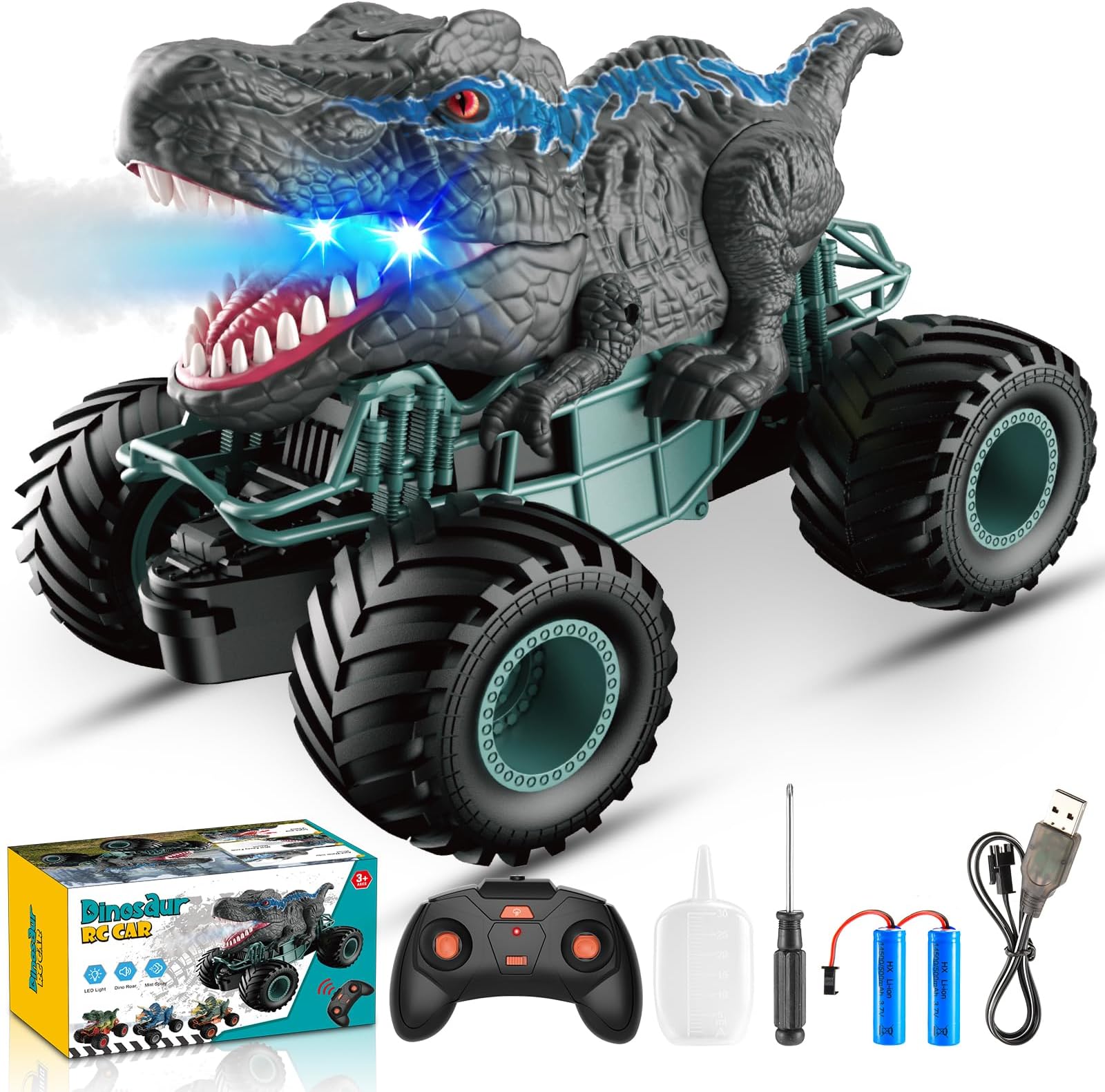 HappyGoLucky Dinosaur Toys for Boys, 1:16 Scale RC Monster Truck Toys with Spray Roar LED Lights, Kids Toys for 4-8 Year Old Boys Gifts, Boys Toys Age 3 4 5 6 7 Christmas Xmas Gifts for Kids Boys