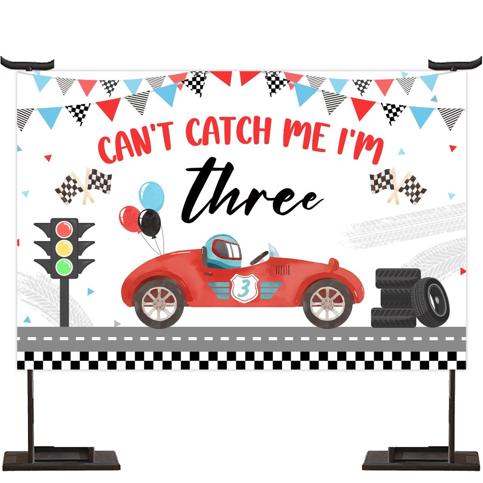 Jollyboom Racing Car Theme 3rd Birthday Backdrop, Can't Catch Me I'm Three Birthday Backdrop for Boy Girl Racing Car 3 Year Old Birthday Party Decoration