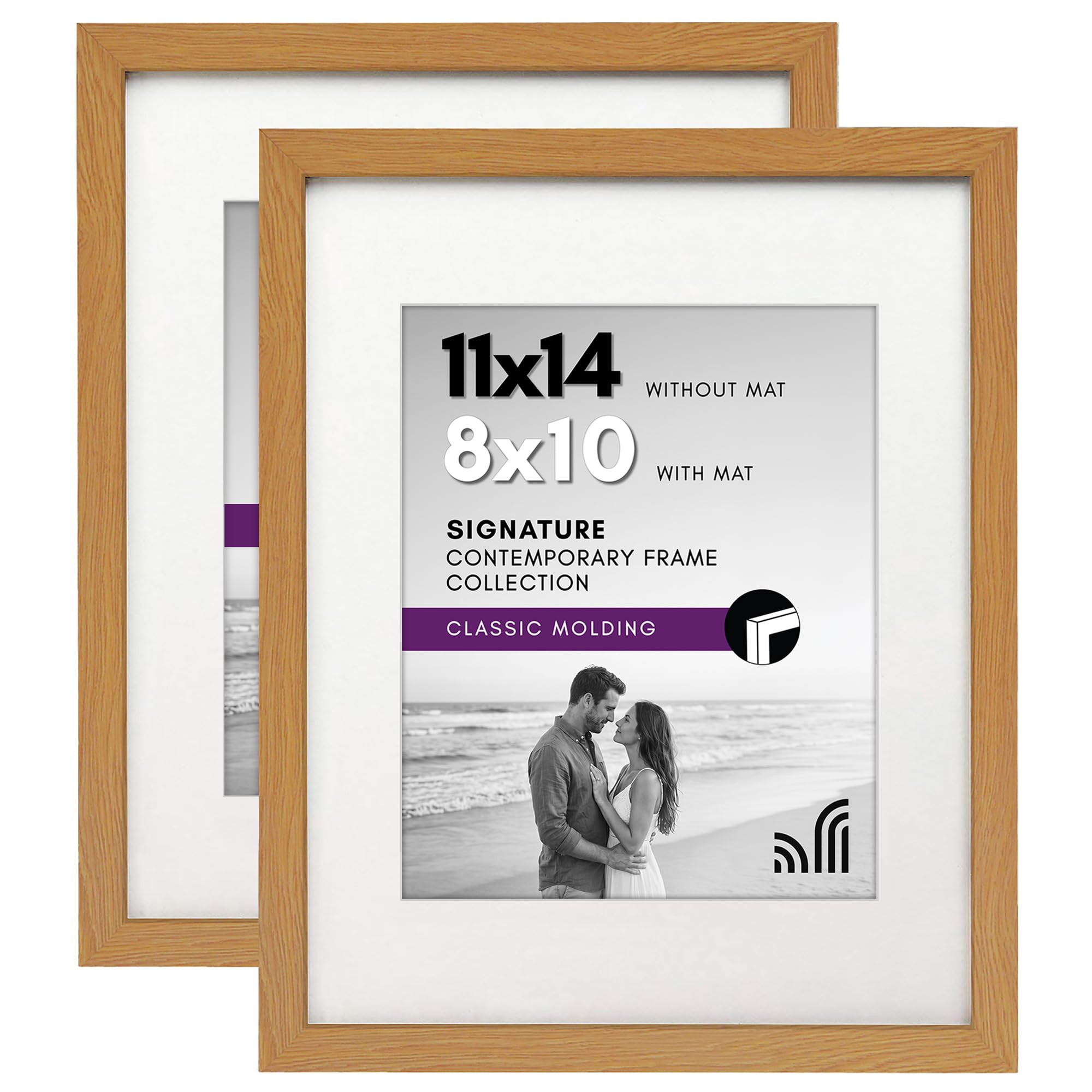 Americanflat 11x14 Oak Picture Frame 2 Pack with Shatter-Resistant Glass Cover and Composite Wood Molding - 11X14 Frame With Mat For 8X10 Inch Photos - 2 Pack