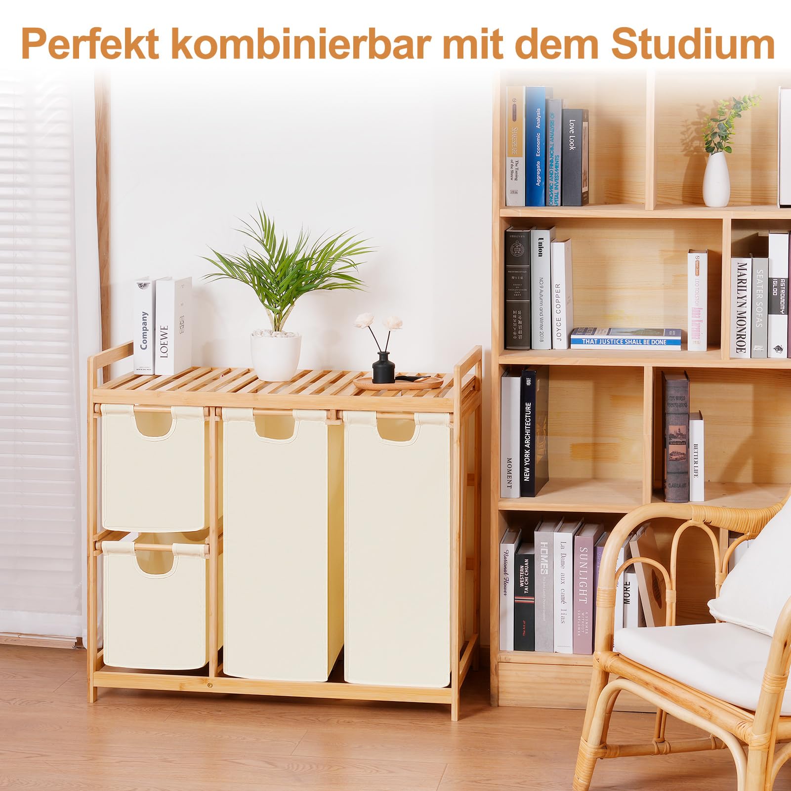 iEGrow Wäschekorb 4 Fächer 150L, Wäschesammler 4 Fächer, Bambus Wäschewagen mit Ablage für Schmutzwäsche, Push-Pull Wäschesack aus Oxford-Gewebe, 2 x 50 L, 2 x 25L Wäschebox Beige