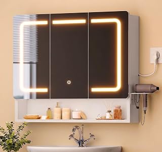 Spiegelschrank Bad mit LED Beleuchtung, 3-türiger Badezimmer Spiegelschrank mit Klappspiegel-System, Steckdosen, 3 Farbtemperaturen dimmbar, Föhnhalter & verstellbare Ablagen, 70x15x65 cm