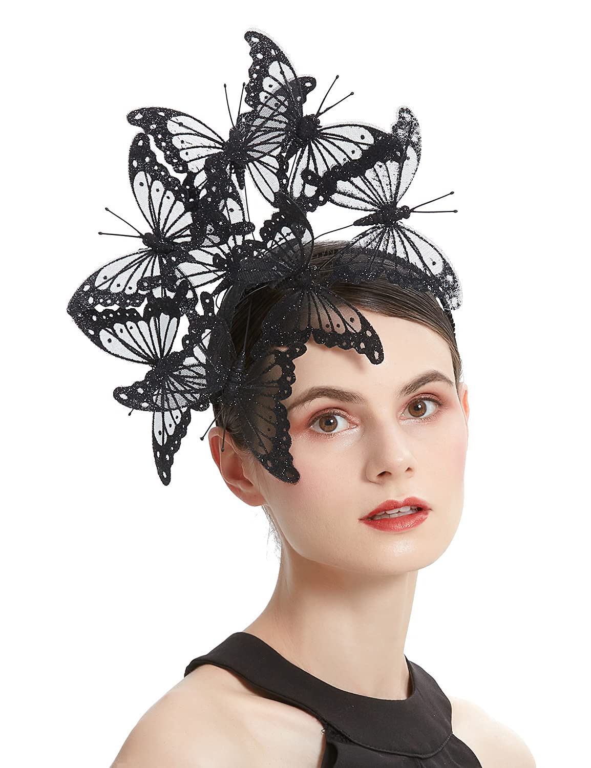 Coucoland Butterfly Fascinator Hat Monarch Butterfly Headband Crown Tea Party Halloween Costume Headpiece, E-black, One size