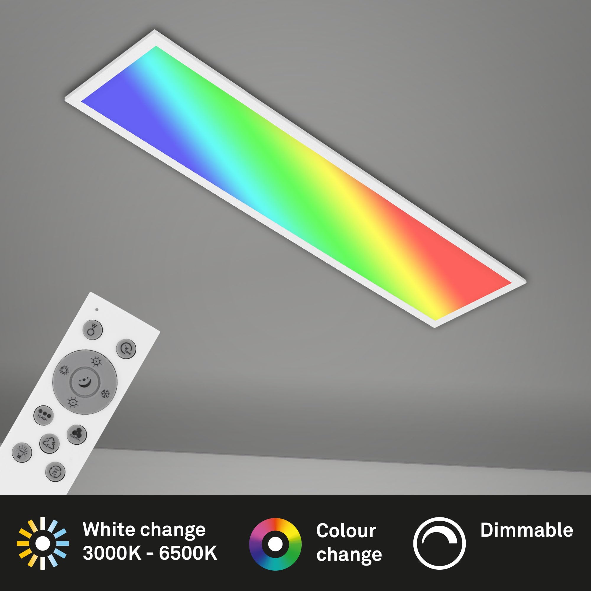 Briloner - Lampada da soffitto LED piatta con telecomando, luce RGB, regolabile da bianco caldo a bianco freddo, plafoniera LED, lampada da soggiorno, pannello LED, cucina, 100x25x6,6 cm, bianco