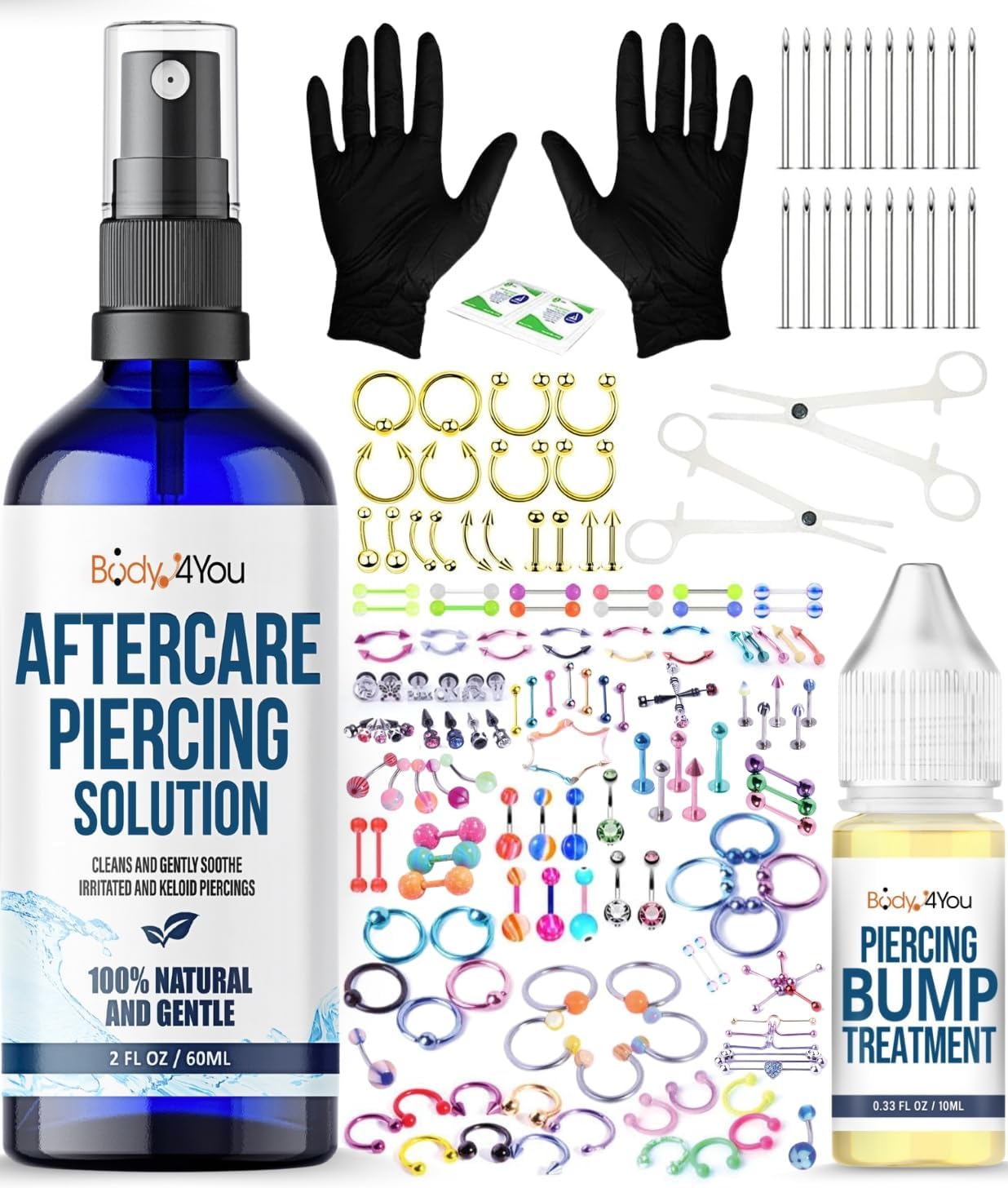 BodyJ4You 158PC Body Piercing Kit Aftercare Saline Cleanser Bump Removal | Belly Ring Nose Septum Tragus Ear Cartilage Industrial | Horseshoe Ring Hoop Barbell Stud Spike | 14G 16G 18G 20G | RANDOM