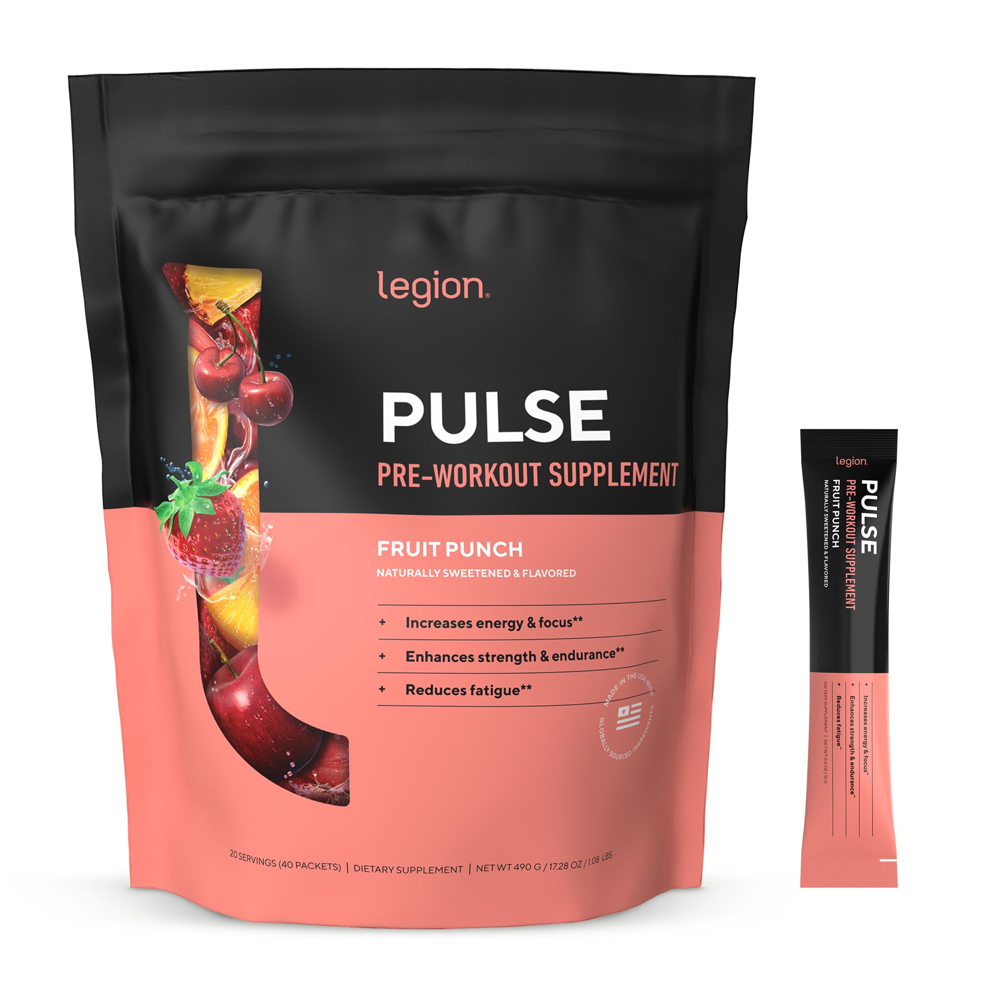 LEGION Pulse Pre Workout Supplement Packets - All Natural Nitric Oxide Preworkout Drink to Boost Energy, Creatine Free, Naturally Sweetened, Beta Alanine, Citrulline, Alpha GPC (Fruit Punch)