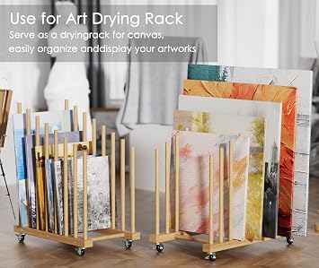 Art Storage Rack with Caster Wheels, Art Canvas Storage | Wood Art Drying Rack,for Paintings Frames, Drawing Board, Paper Pads, for Studio, Gallery, Art Exhibition