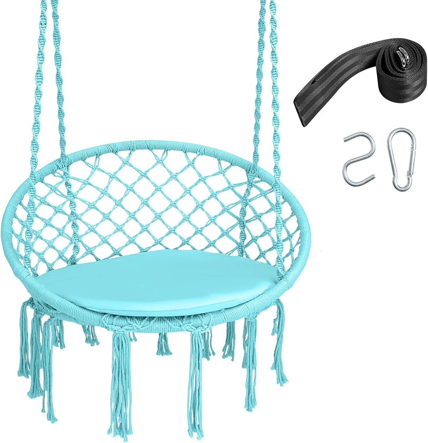 Happygrill Hammock Swing Chair with Cotton Cushion, Bohemian Style Hanging Macrame Lounge Chair with Draping Tassels, Cotton Ropes, Hanging Kit, Long Strap, Max Weight 330LBS