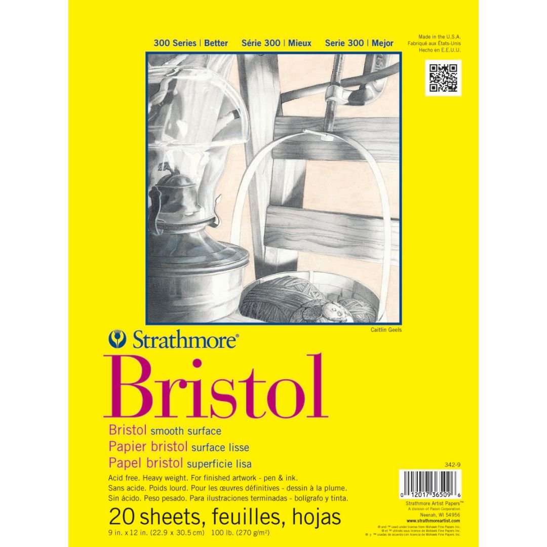 Strathmore 300 Series Bristol Smooth 9''x12'' Extra White Smooth 270 GSM Paper, Short-Side Tape Bound Pad of 20 Sheets, oil;acrylic, 9''x12''
