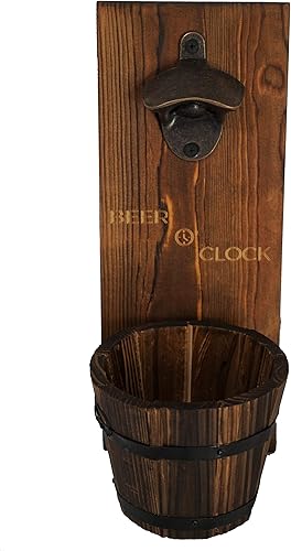 Abrebotellas y colector rústico "Beer O' Clock" - Pino oscuro con abridor de aleación de zinc - Cubo de madera extraíble - Listo para cueva para