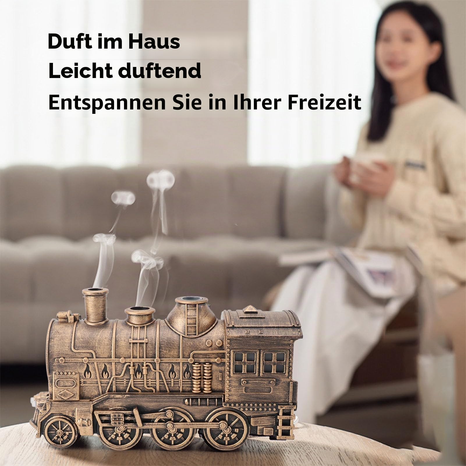 Luftbefeuchter Zug, 300ml Oil Diffuser Kaltnebel Therapie Luft Diffusor mit Doppelsprühauslass Automatische Abschaltung, Flammeneffekt (goldene mit Fernbedienung)