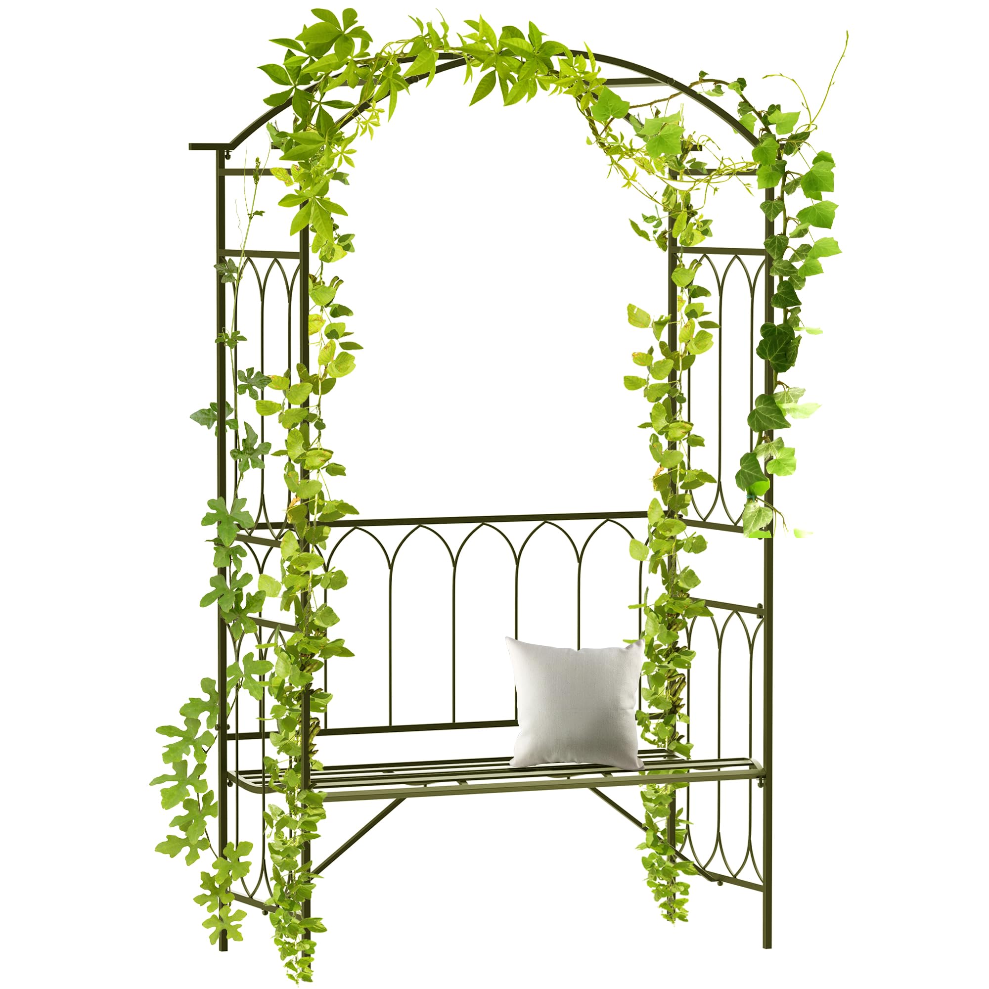 Outsunny Rosenbogen aus Metall Rankhilfe für Kletterpflanzen Gartenbogen mit Bank Spitze Rankbogen Torbogen für Rosen Bögen Rosenhilfe Rankgitter für Garten 115 x 50 x 203 cm Schwarz