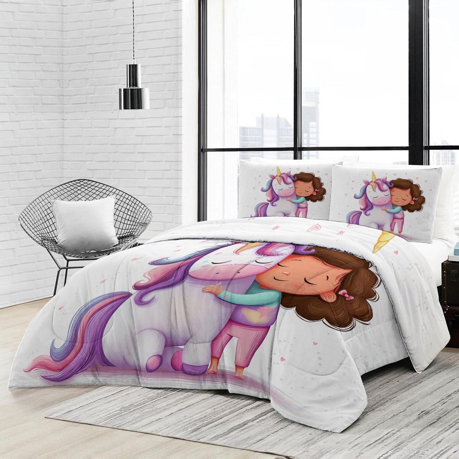 Reversible Twin Comforter Set Cartoon Animals Unicorn Girl for Kids Boys Girls, 3 Pieces Light Weighted Quilted White Comforter, All-Season Breathable Bedding Decor (68" x 90")