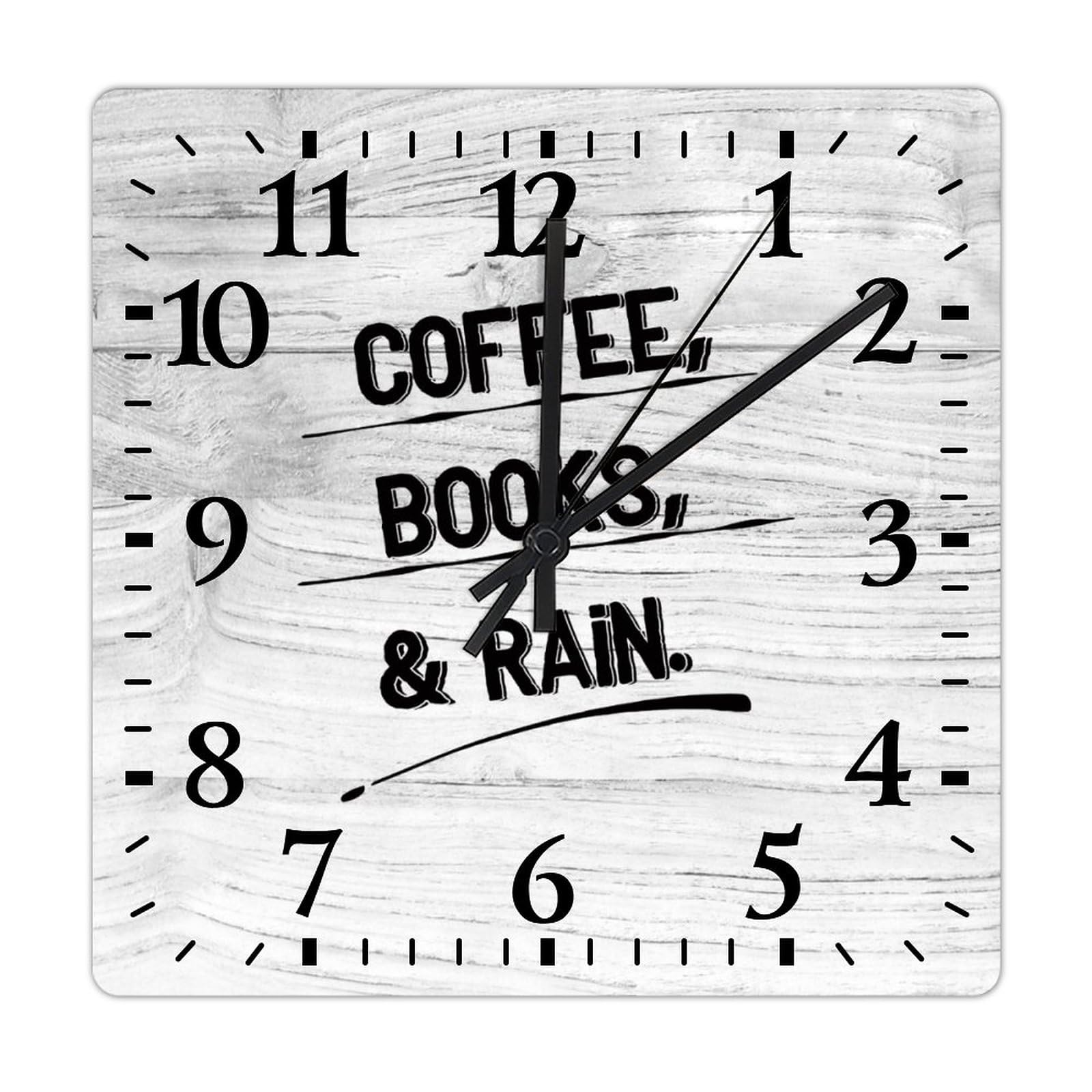 Horloge murale carrée motif café et pluie pour une cuisine cosy en bois