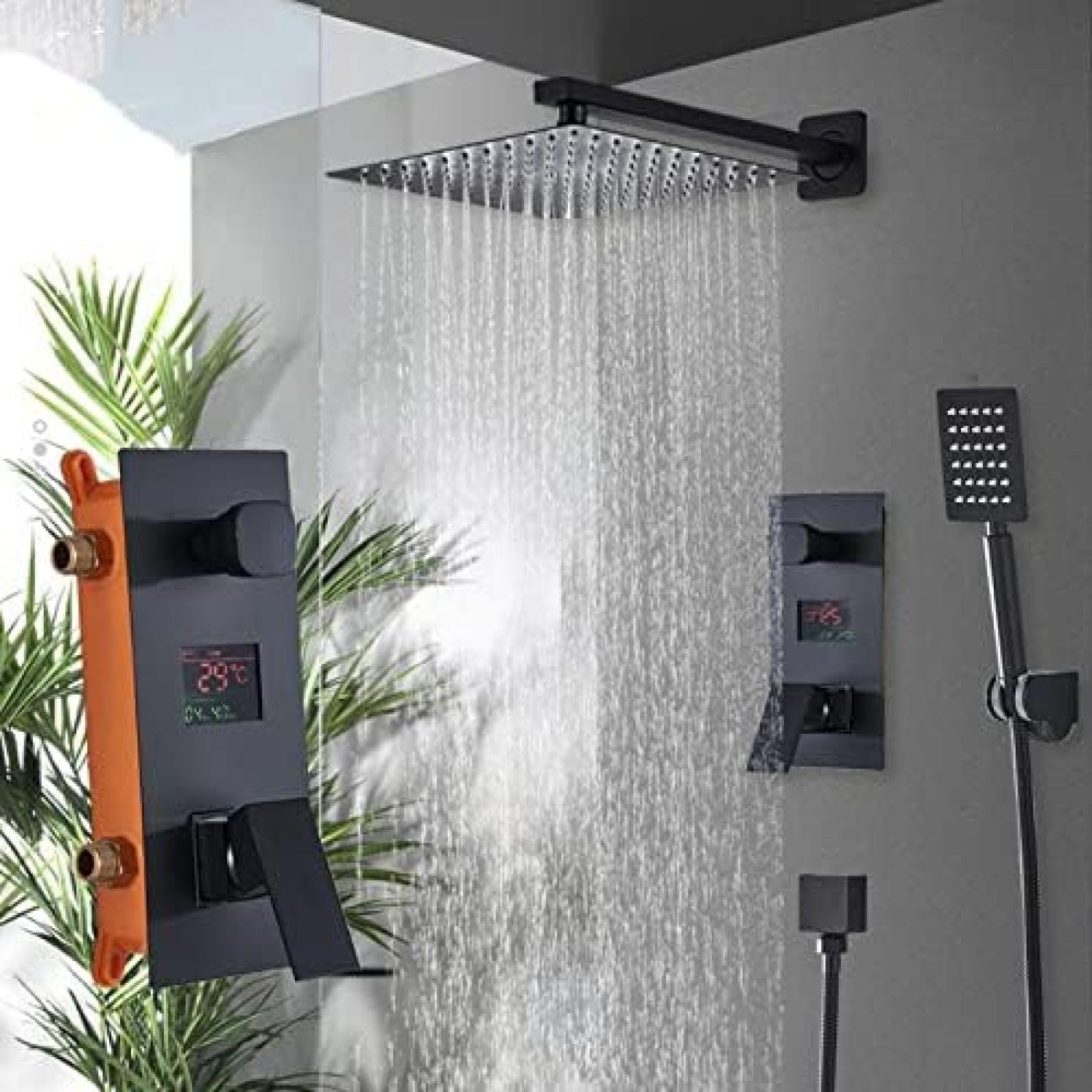 Doccia da Bagno 2 funzioni Rubinetti Doccia digitali Neri Set Soffione Doccia a Pioggia Miscelatore Display Digitale a 2 Vie Miscelatore Doccia-8 Pollici,16 Pollici