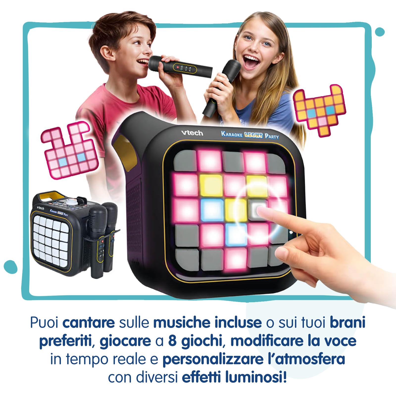VTech Karaoke Light Party Microfono con Altoparlante 7+ Anni | 2 Microfoni Wireless, Bluetooth, Magic Voice, Effetti Sonori, 25 Tasti Pixel Art, Batterie Incluse, Lingua Italiana