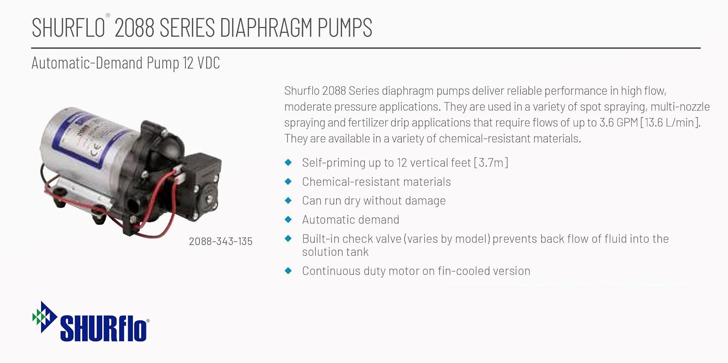 Buу 1 gеt 1 🔥 Shurflo 2088-343-135 Automatic-Demand Diaphragm Pump, 12VDC, 45 PSI Demand Switch, 3.0 GPM With Viton Valves, Santoprene Diaphragm, Self-Priming, 10 AMPS (Max), 1/2-14 NPSM Port