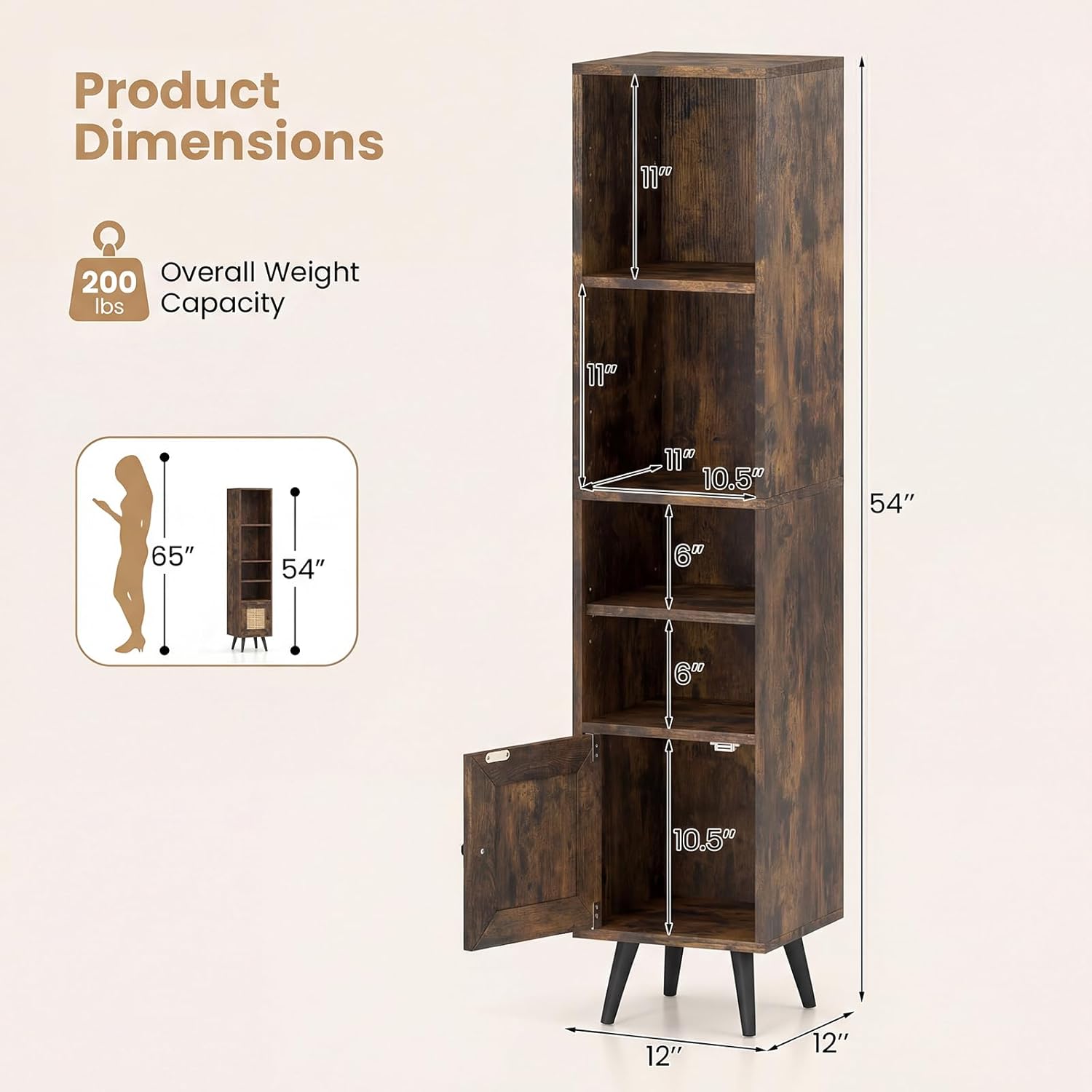 Giantex 6-Tier Tall Narrow Bookcase, 54 Inches Slim Storage Cabinet with Adjustable Shelf and Boho Style Rattan Door, Space-Saving Bookshelf for Living Room, Bedroom and Home Office (Rustic Brown)