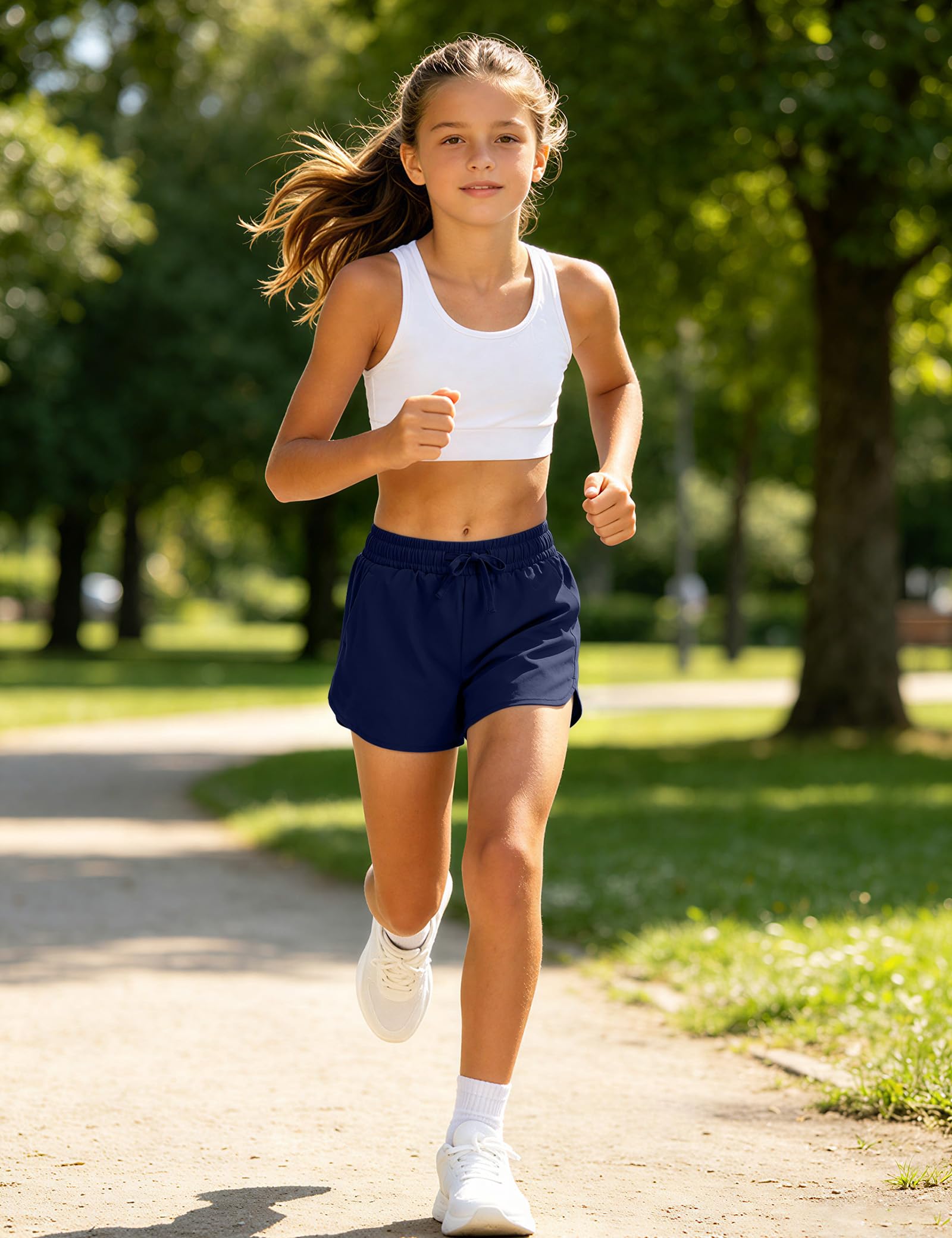 JOCMIC Pantalones cortos deportivos para niñas con forro 2 en 1 de cintura alta para correr, baloncesto, voleibol, tenis