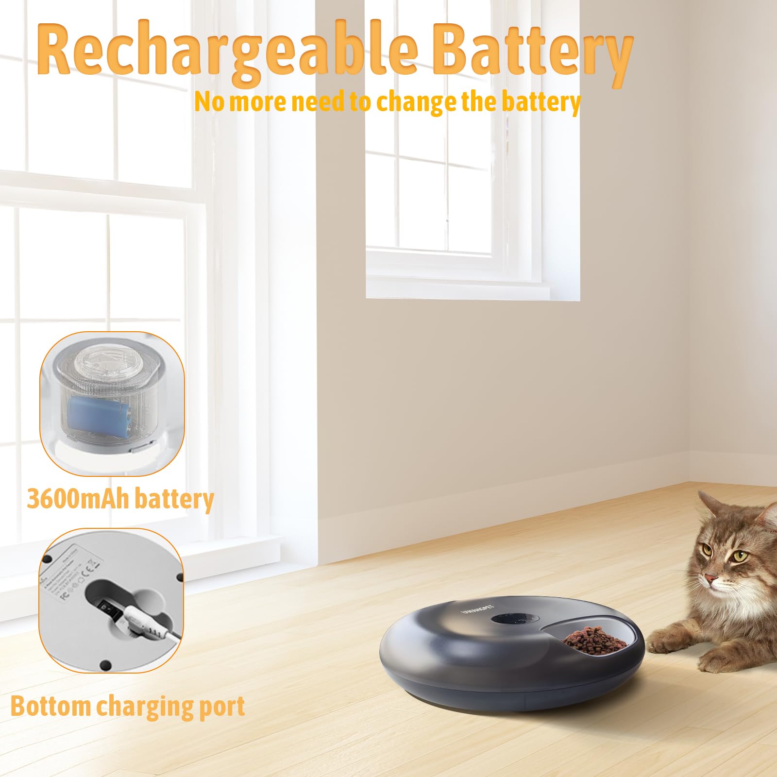 Wireless Automatic Cat Feeder with 4 Ice Packs,6-Compartment Feeding Tray,Rechargeable High-Capacity Battery Timer Cat Feeder,for Cats and Small Dogs - Black - image 7