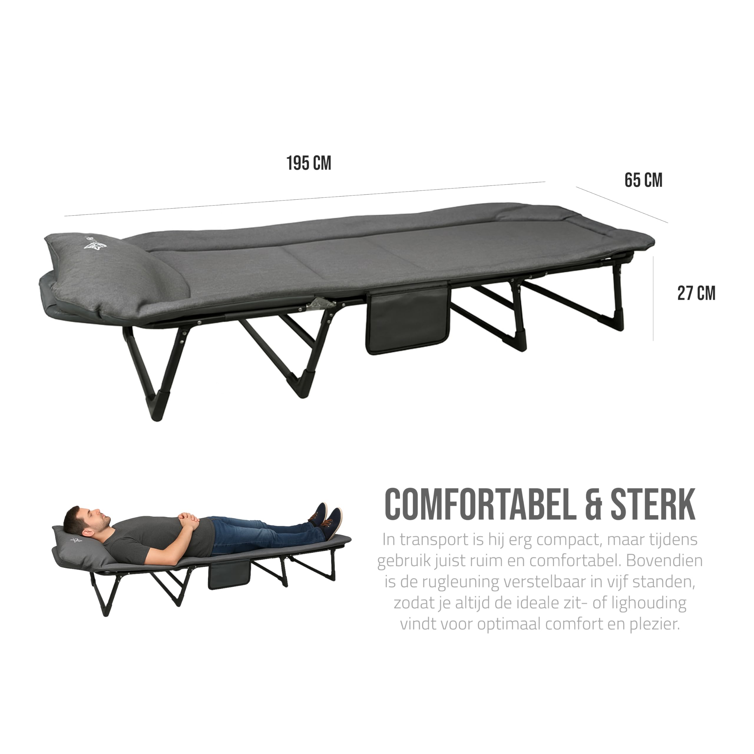 Klappbares Campingbett Grau - 4 Stützbeine - 5-Fach Verstellbare Rückenlehne - Gepolsterte Kopfstütze - Seitentasche - Feldbett Camping - 195x65x27 cm