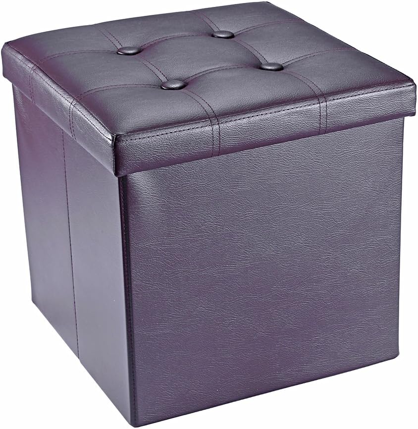 MYKEA Folding Storage Ottoman Box Brown 15 x 15 Inches Leather Footrest Seat Coffee Table Cube Foldable Square Bench (Brown)