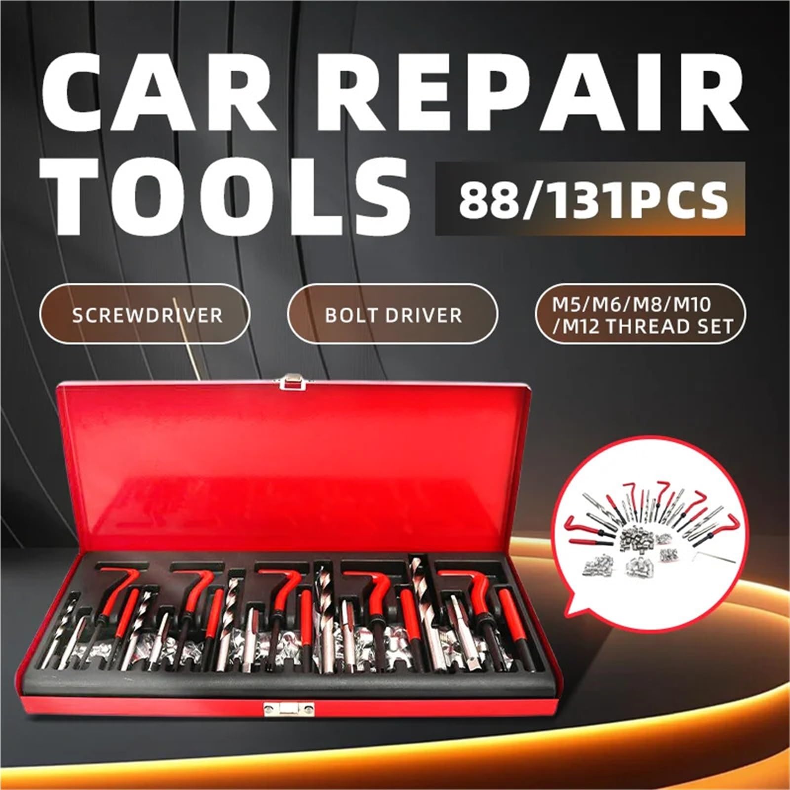 Kit attrezzi automobile Attrezzi completi for la riparazione delle filettature, 88-131 pezzi, restauratore metrico M5-M12 con custodia rossa for garage e officina meccanica(131Pcs)