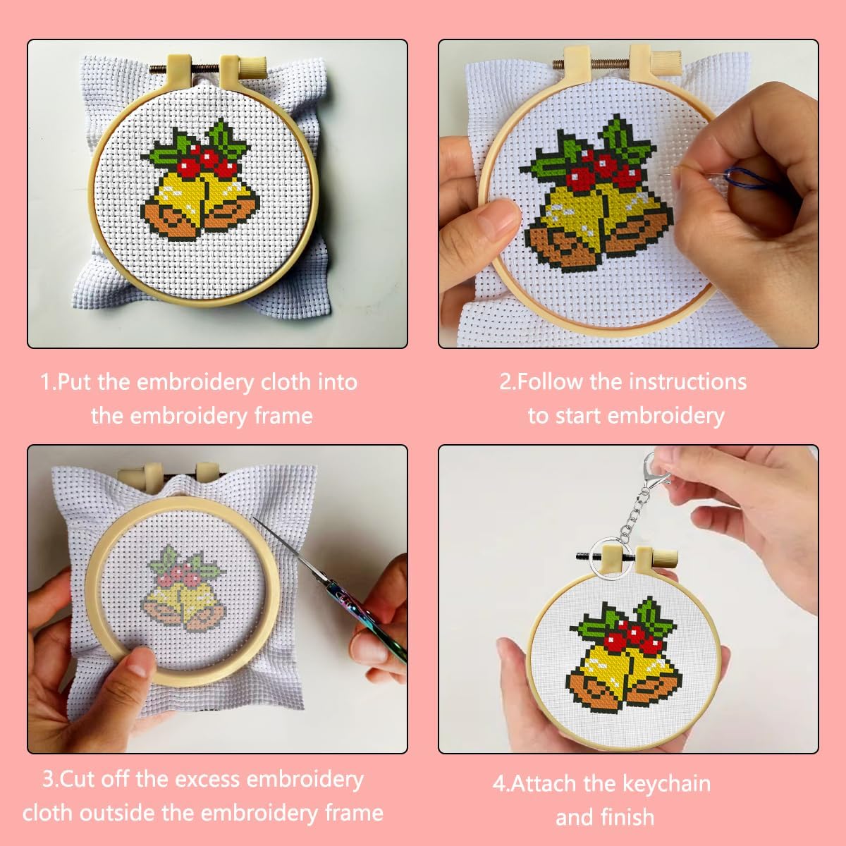 Zhenqing 5 Christmas Ornament Cross Stitch Kit - Pre-Printed 11CT 11.5x57.5cm Fabric with Full Tools (Santa, Tree, Snowman Designs for Beginners)(70023)