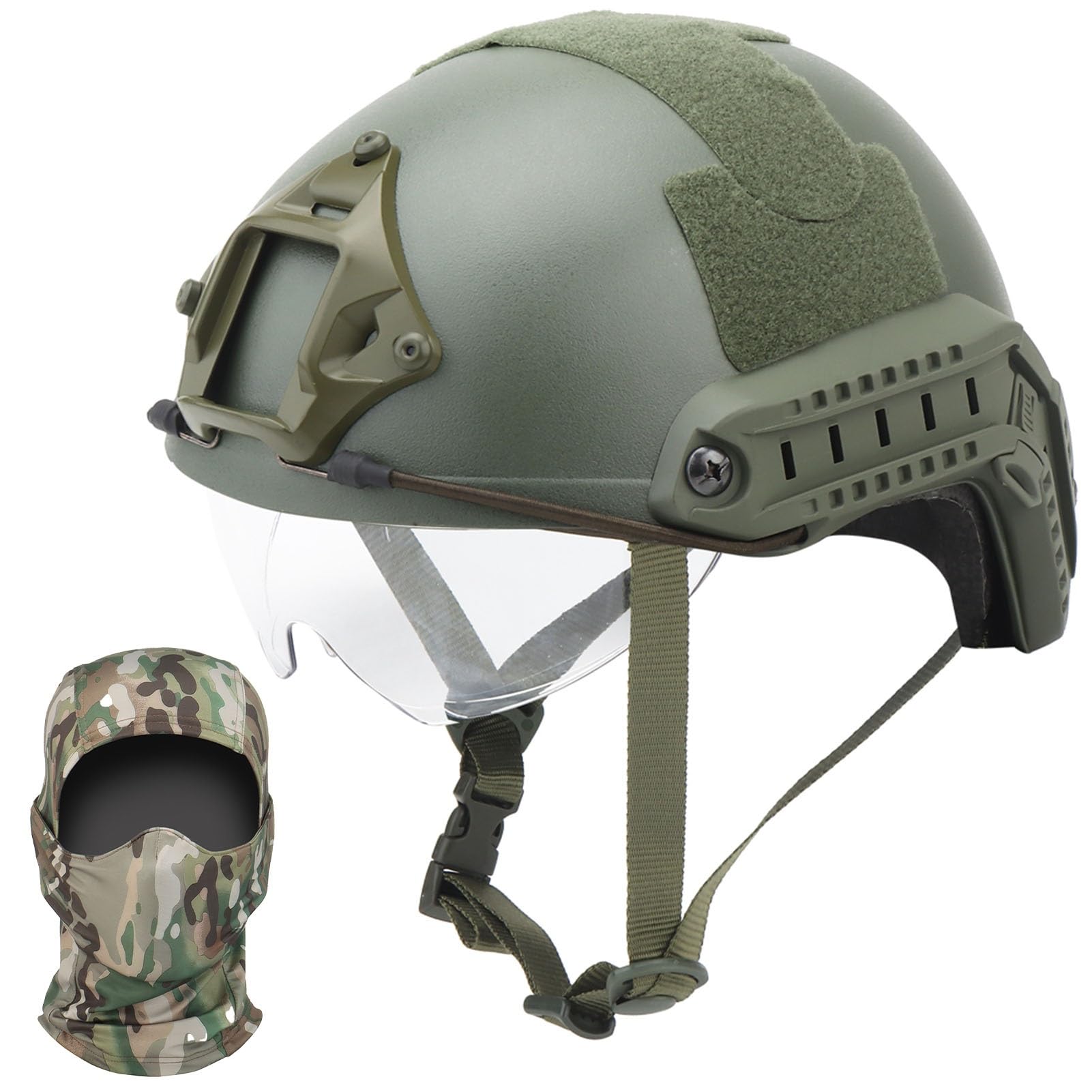 Tactical Fast Helmet with Retractable Goggles - Lightweight Airsoft Protective Helmet with Side Rails, NVG Mount & Adjustable Fit for Paintball & Outdoor Activities(Green A)