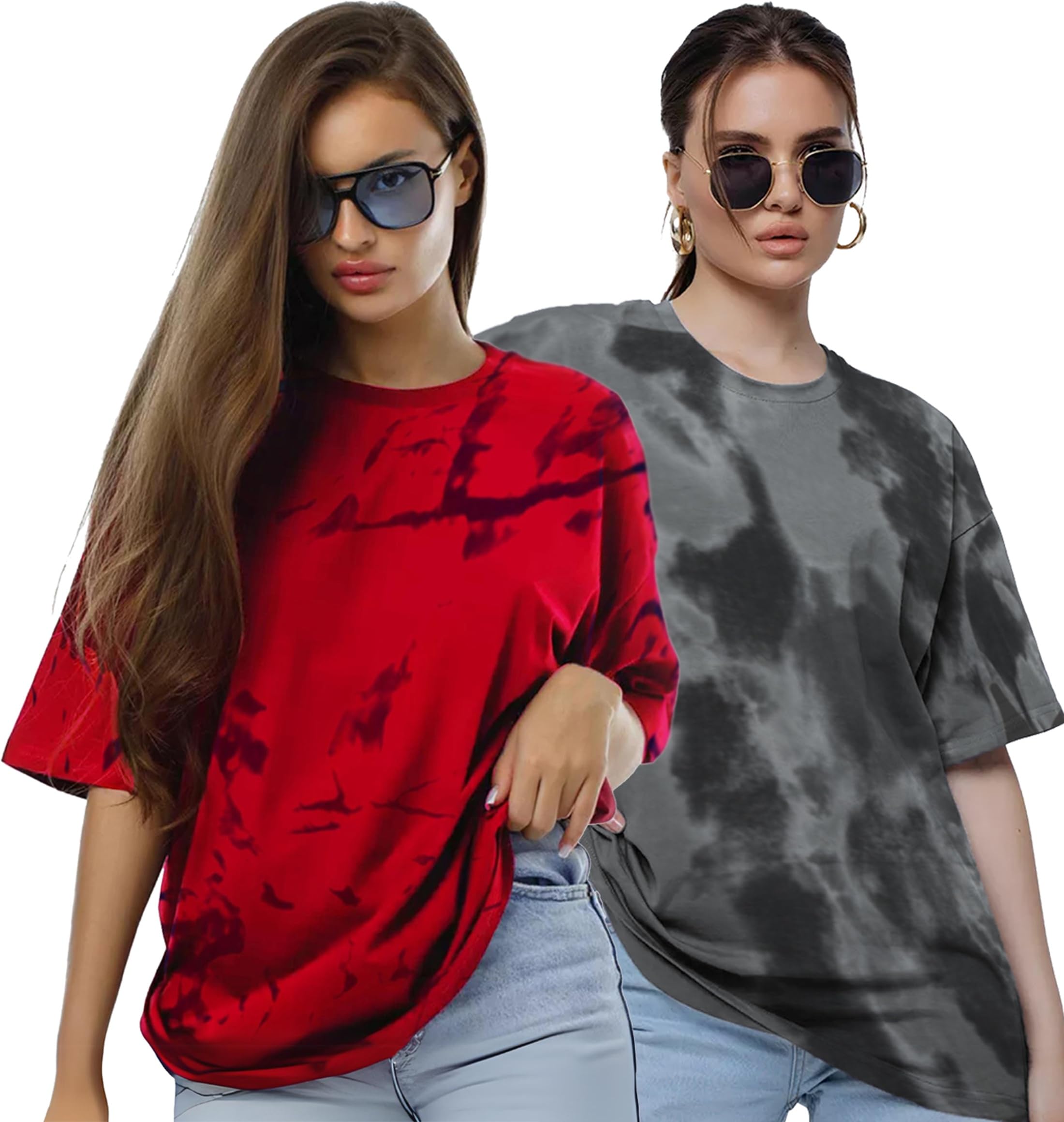 leotude Women's Cotton Oversized Fit Round Neck Oversized Half Sleeve Tie & Dye Printed Tshirt (Combo Tshirt Pack of 2)-picture-43
