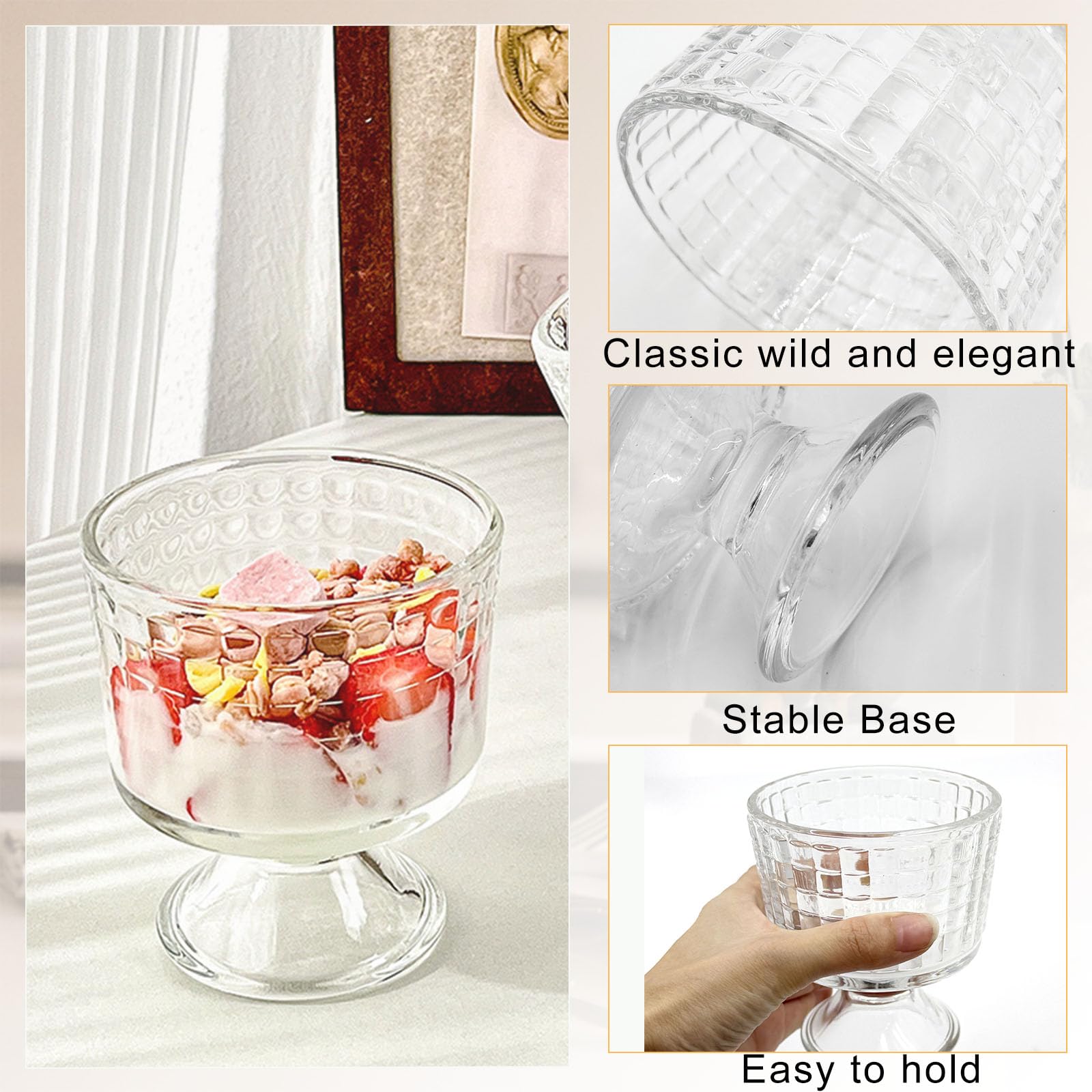 Nexboraque 6 Stück Dessertbecher aus Glas mit Fuß, 284 ml, Eisbecher, Kristall, Vintage, Trifle-Becher mit schwerem Boden für Eisbecher, Eis, Obst, Parfait, Snack