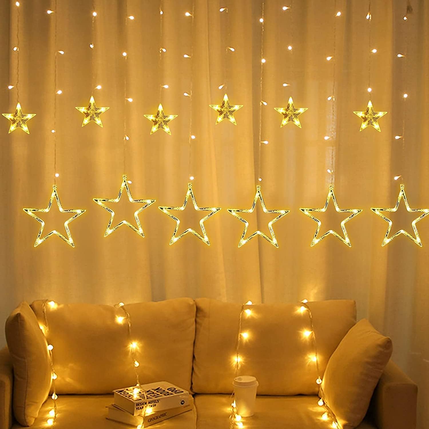 Digix Star Curtain Light 6 Big Star 6 Small Star with 8 Flashing Modes for Decoration Badroom,Wedding,Party,Garden Decoration,Diwali,Christmas Indoor & Outdoor Use (Warm White)