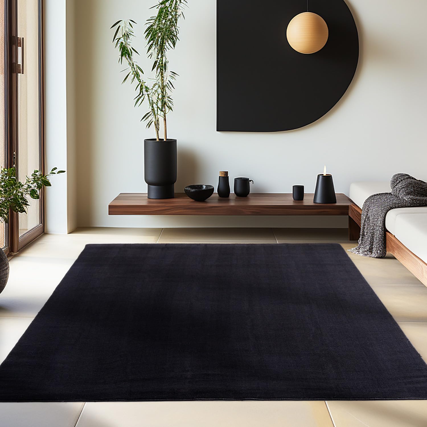 HomebyHome Alfombra de pelo corto para salón, 120 x 170 cm, color negro, lavable para dormitorio, comedor y cocina, alfombra mullida, extrasuave, monocolor, antideslizante, moderna
