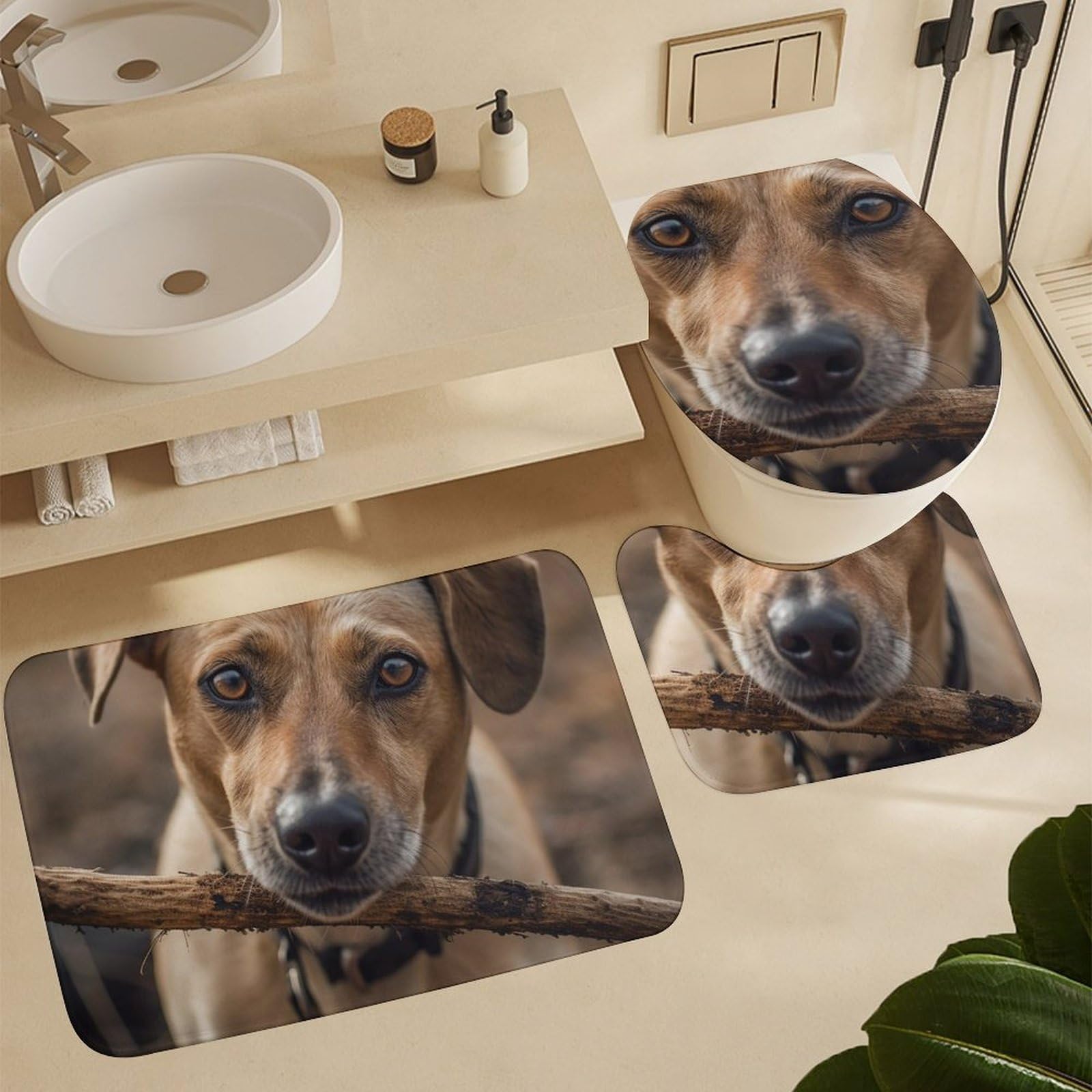 Tapis de bain branche d'arbre et chien avec mat de toilette en U