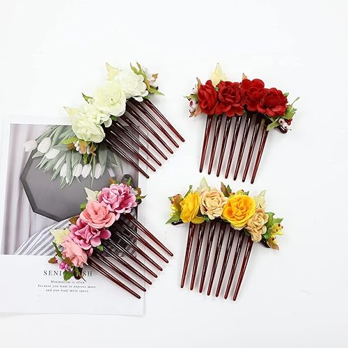 Miniatura 6 de Cinaci Paquete de 4 peines laterales de plástico con flores artificiales, clips para tocados de boda, horquillas para el cabello, pasadores, moño,