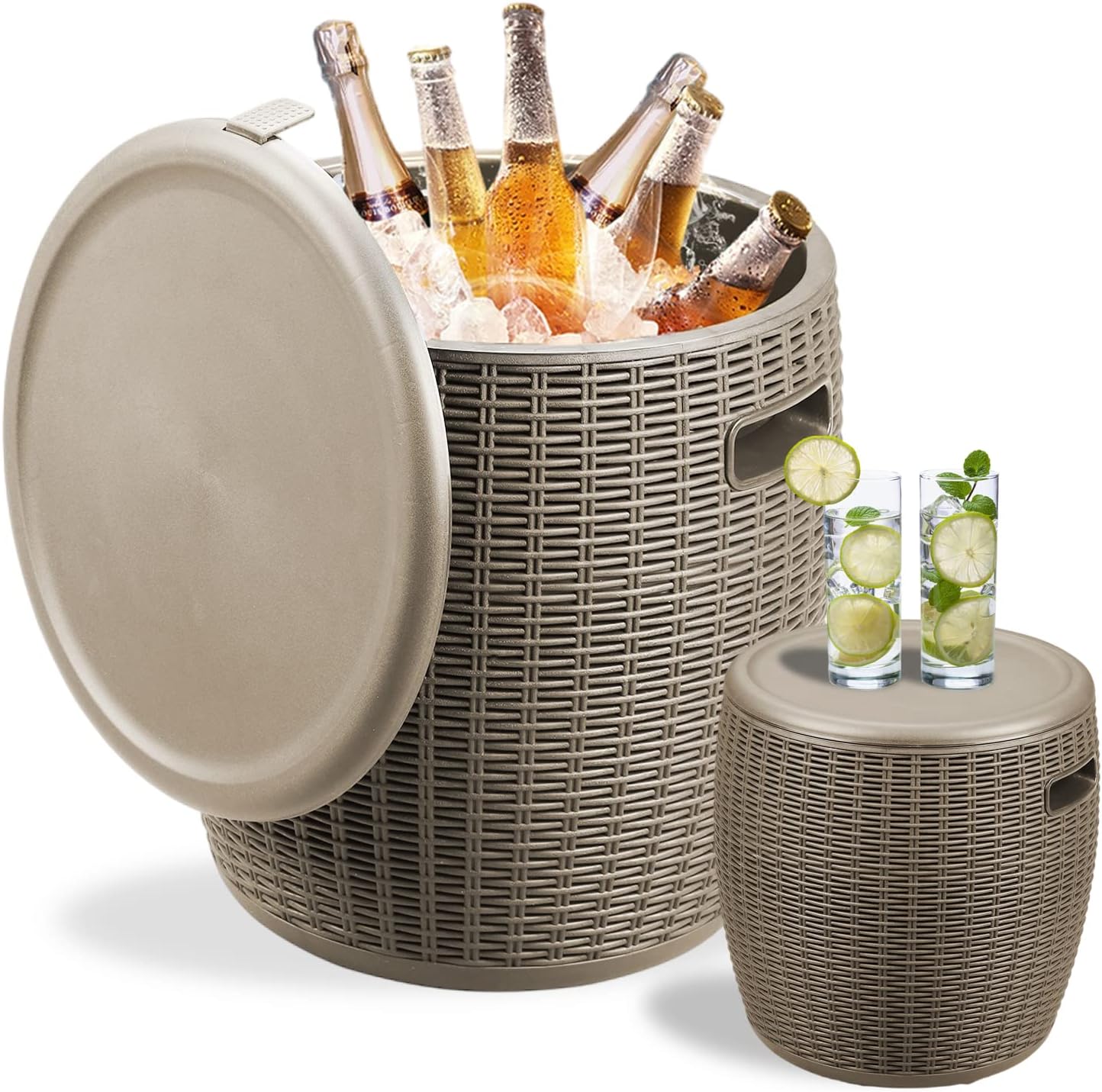 DOIT Outdoor Cooler Table for Patio and Deck, 9.5 Gallon All-Weather Resistant Wicker Ice Cool Bar Table with Lid, Side Handles & Drain Plug for Beverage, Wine & Beer, Rustic Patio Decor : Everything Else
