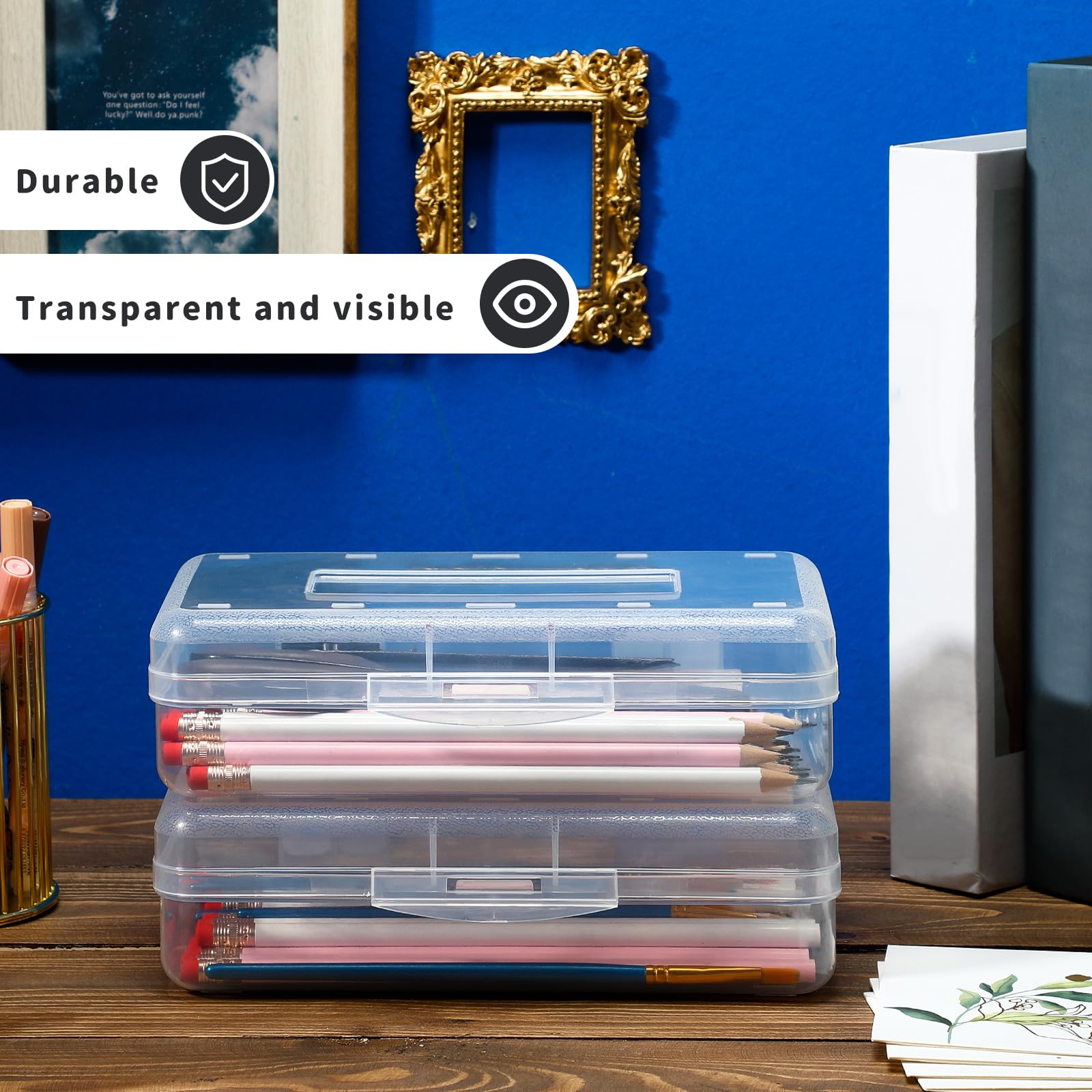 Caja de lápices de plástico transparente, estuche de almacenamiento de suministros de oficina, caja organizadora para bolígrafos y más suministros escolares de oficina (paquete de 10)
