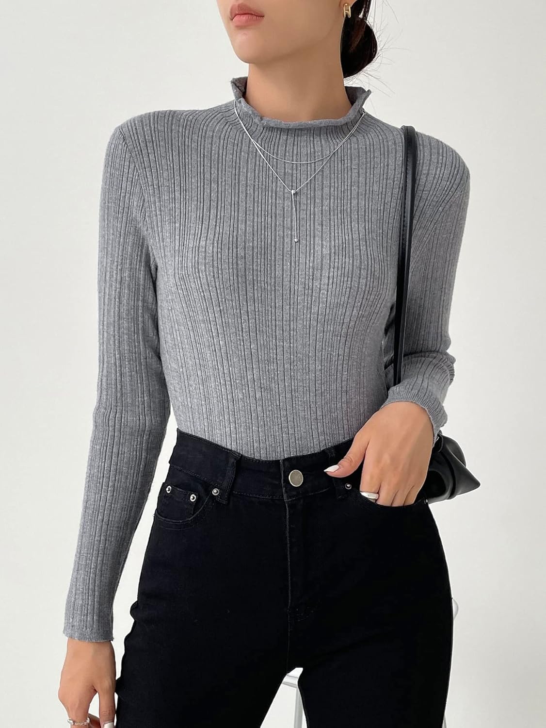 Women's Sweater Roll Trim Mock Neck Sweater Sweater for Women (Color : Gray, Size : Medium)