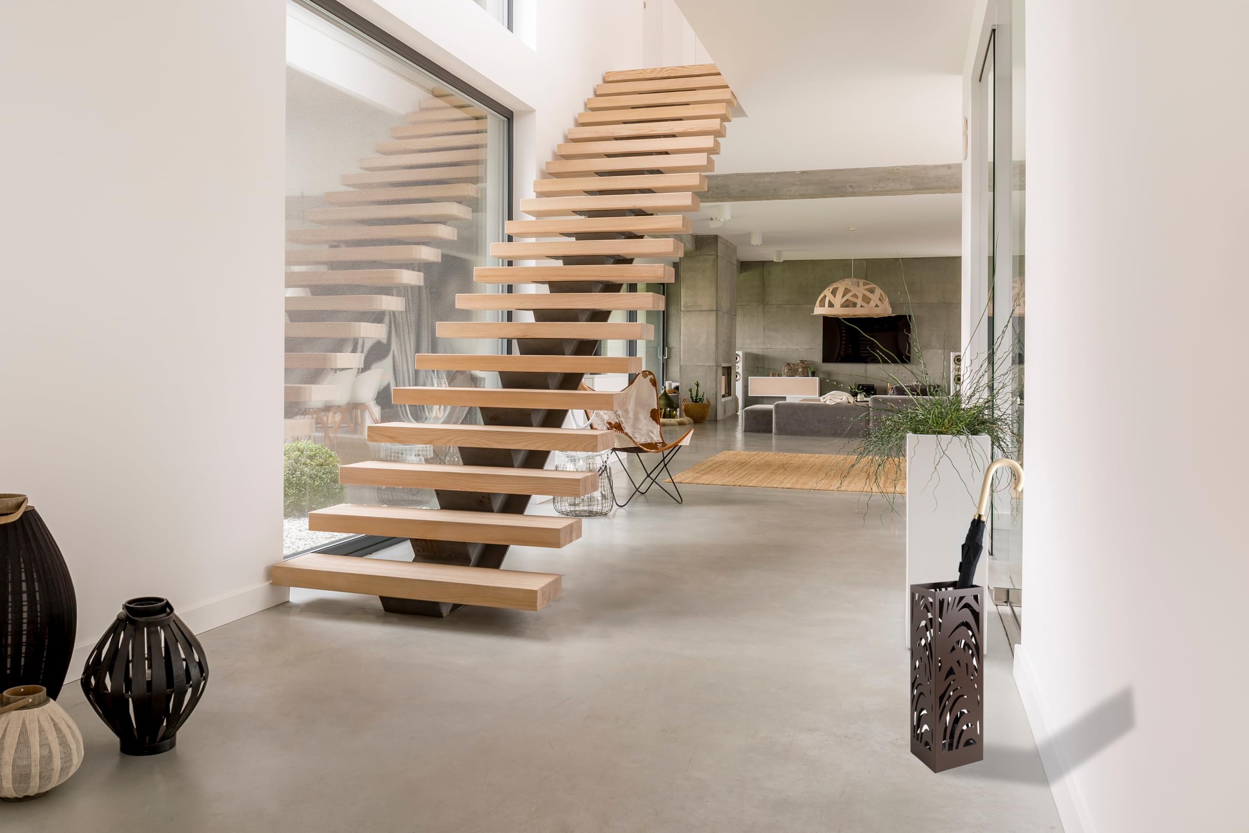 Portaombrelli dal design moderno in metallo per casa e ufficio, supporto di design, 2 ganci, 2 vaschette estraibili, 15,5 x 15,5 x 49 cm, marrone ruggine, quadrato, portaombrelli