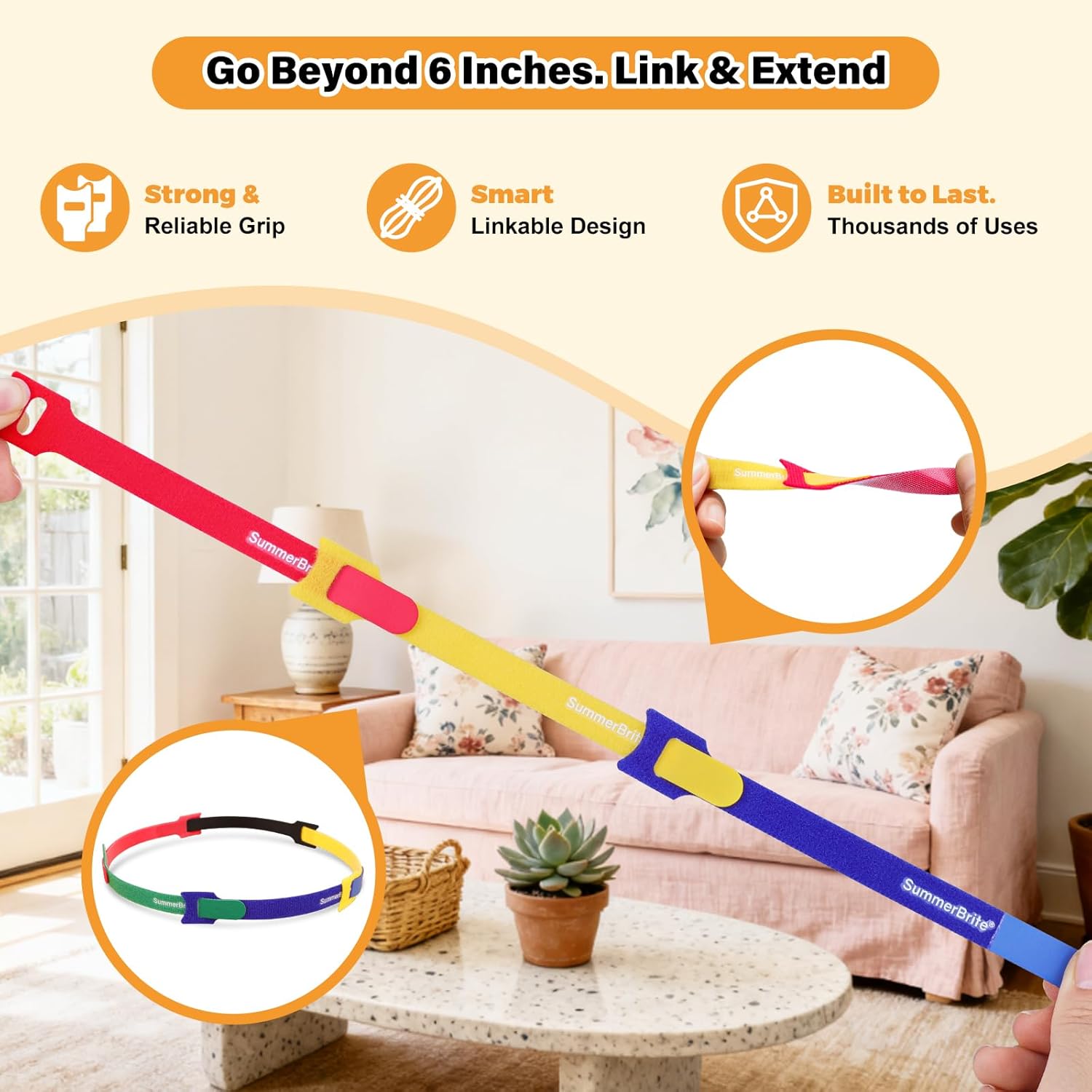 SummerBrite 70 Pack Multi-Color Cable Ties 6 Inch with Writable Labels, Reusable Cord Organizer Straps, Hook & Loop Wire Management for Identifying Electronics, Charging Cables, Home Office & PC