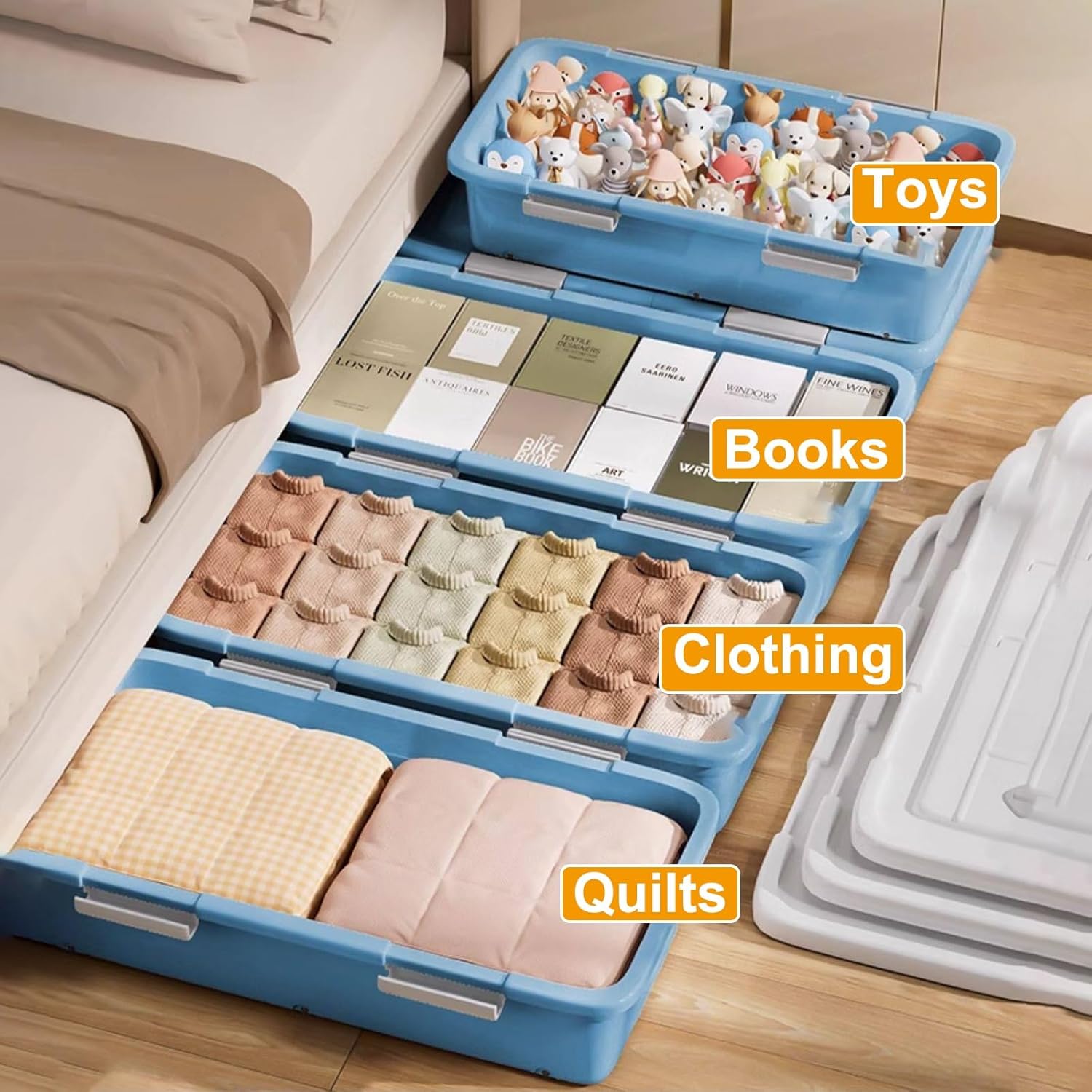 Under Bed Storage with Wheels, Durable Under Bed Storage Boxes, Double-opening Lid, Sealing Buckle, PP Material, for Clothes, Quilt, Toys(Blue,98x50x27cm/39x20x11in)