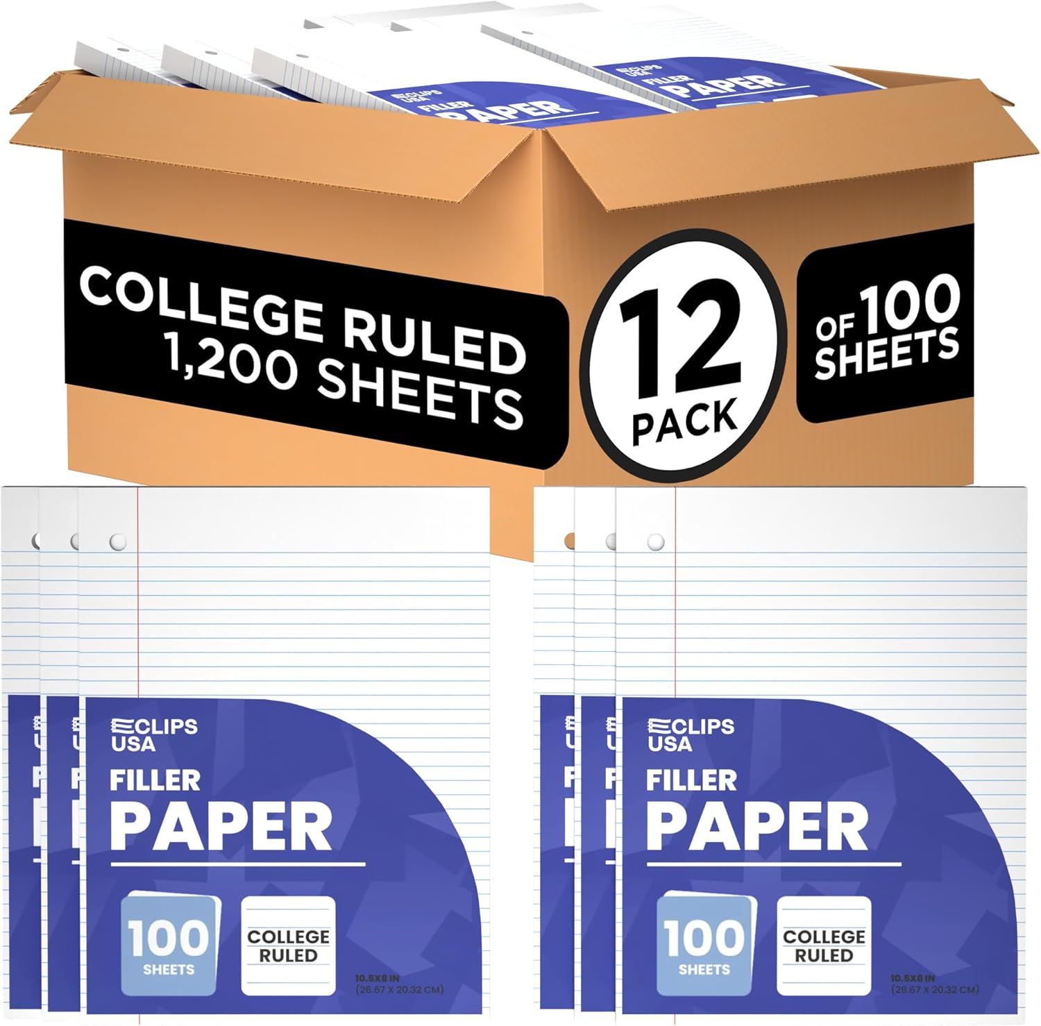 Loose Leaf Paper College Ruled Notebook Paper College Ruled Lined Writing Filler Paper 10.5” x 8” 1200 Sheets 100 Sheets Per Pack 60 gsm (12 Pack)